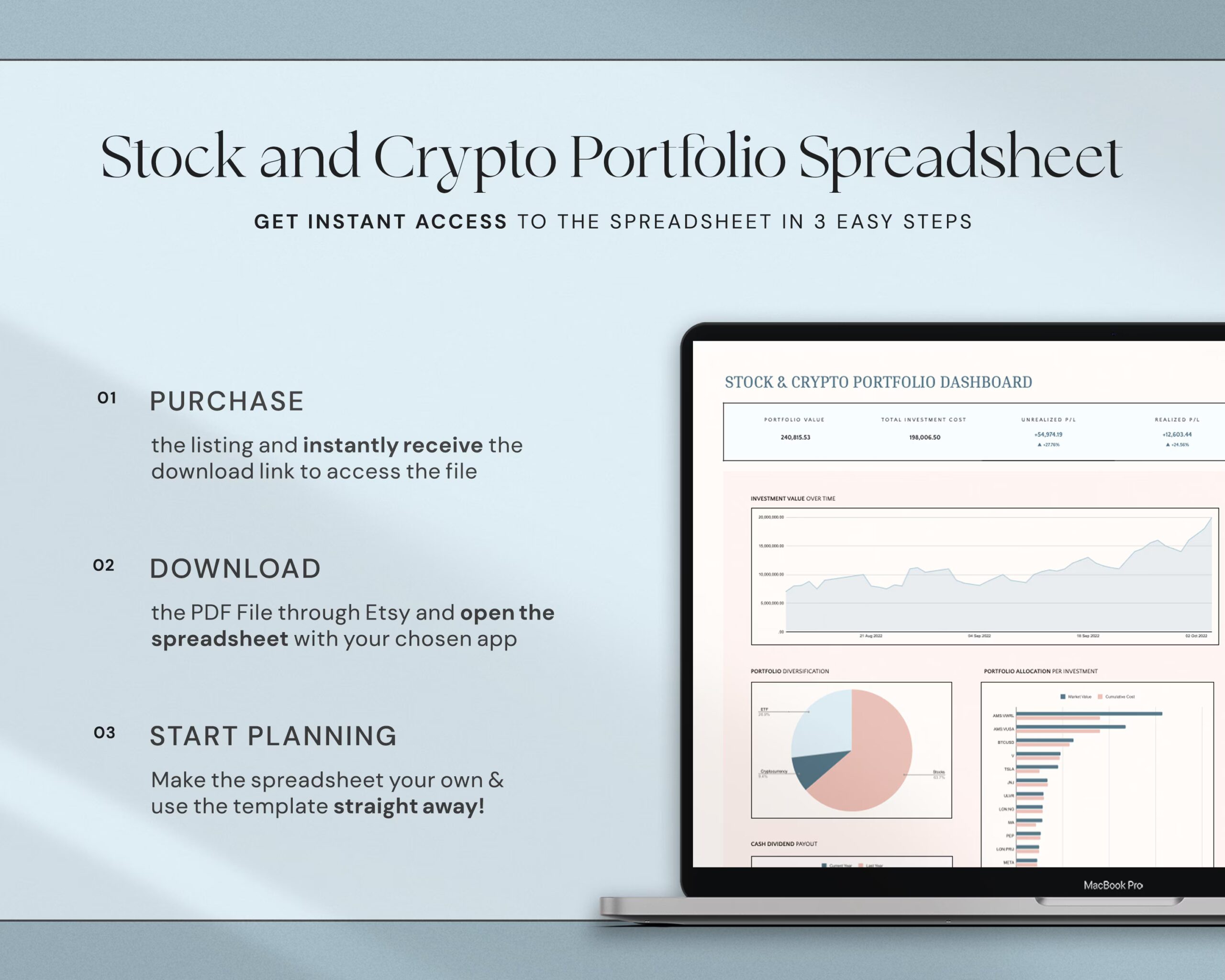 Investment Tracker Spreadsheet with Stock Portfolio, Trading Journal, Crypto Tracker, Personal Finance Planner and Dashboard
