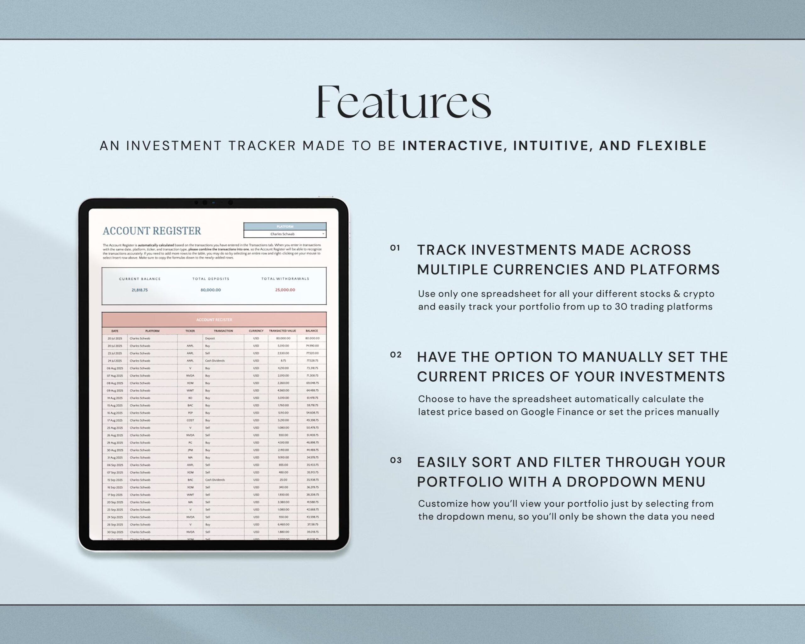 Investment Tracker Spreadsheet with Stock Portfolio, Trading Journal, Crypto Tracker, Personal Finance Planner and Dashboard