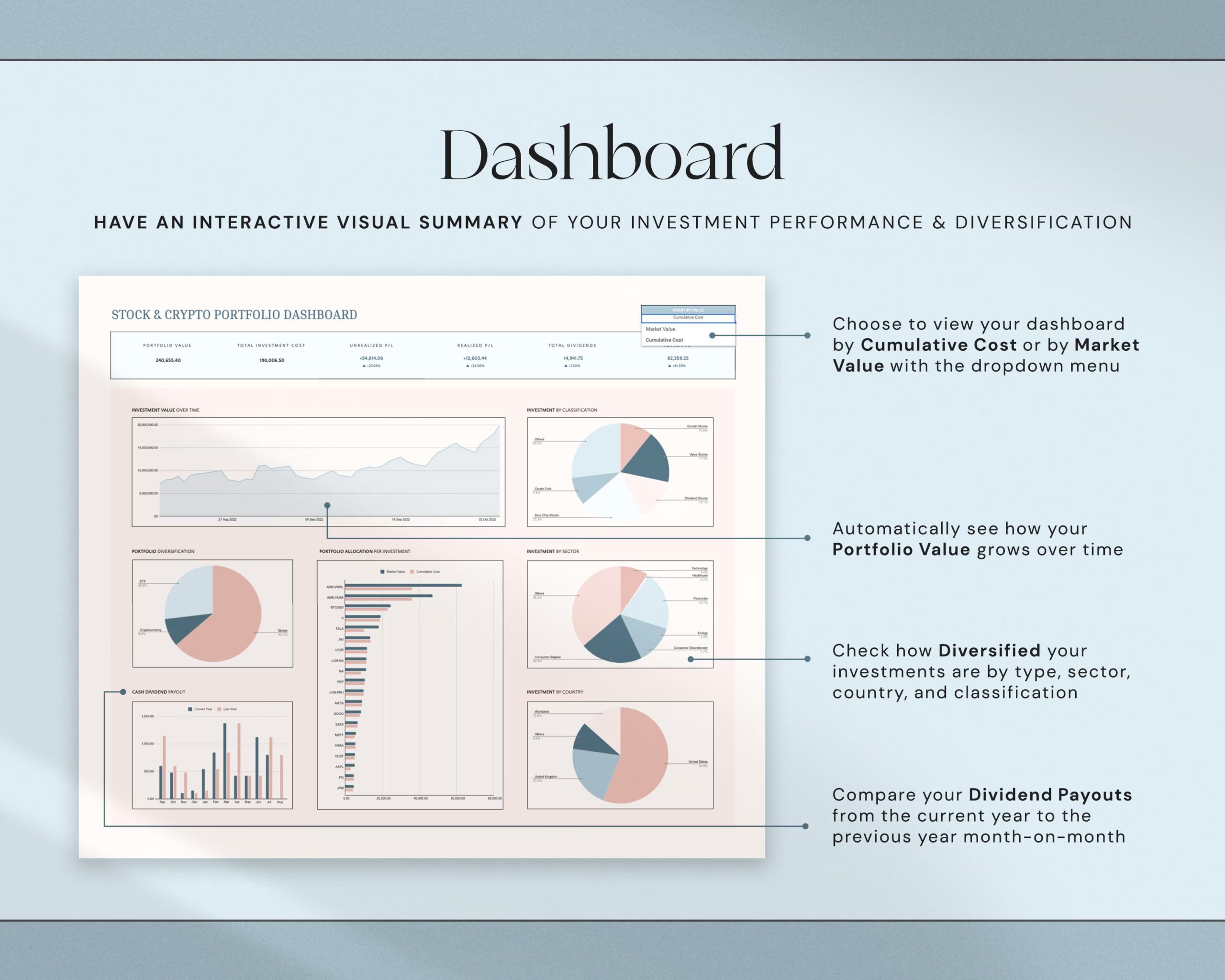 Investment Tracker Spreadsheet with Stock Portfolio, Trading Journal, Crypto Tracker, Personal Finance Planner and Dashboard