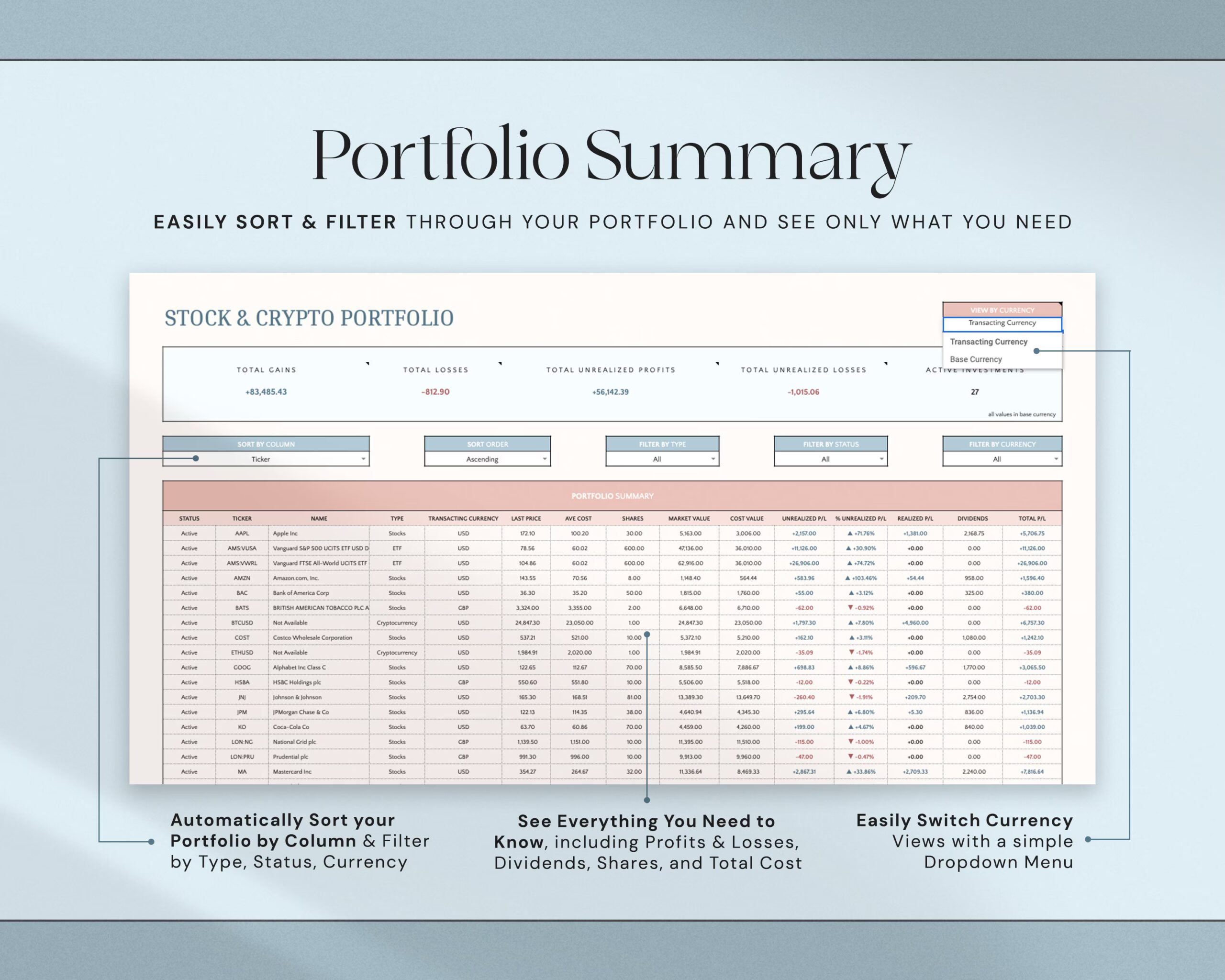Investment Tracker Spreadsheet with Stock Portfolio, Trading Journal, Crypto Tracker, Personal Finance Planner and Dashboard