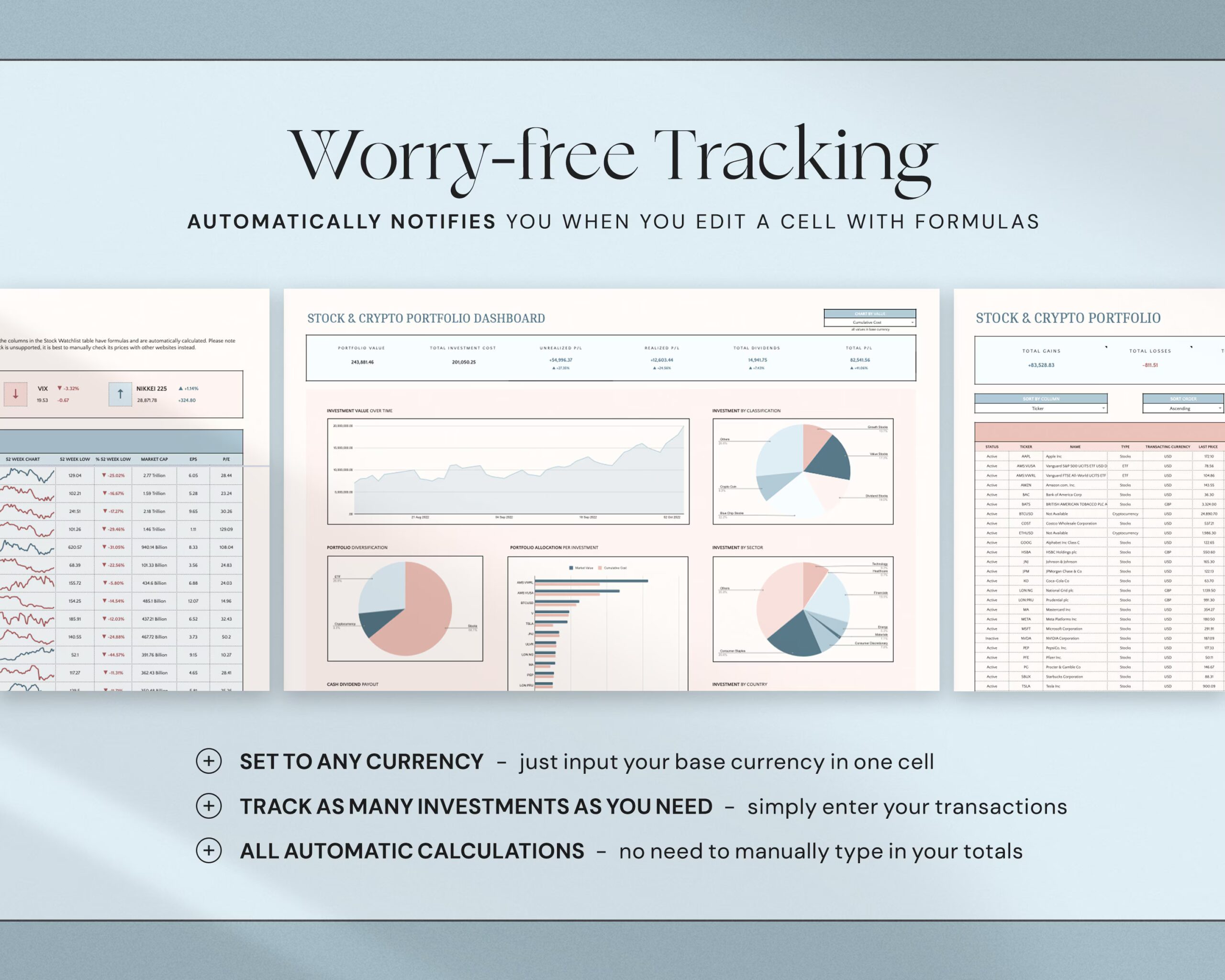 Investment Tracker Spreadsheet with Stock Portfolio, Trading Journal, Crypto Tracker, Personal Finance Planner and Dashboard