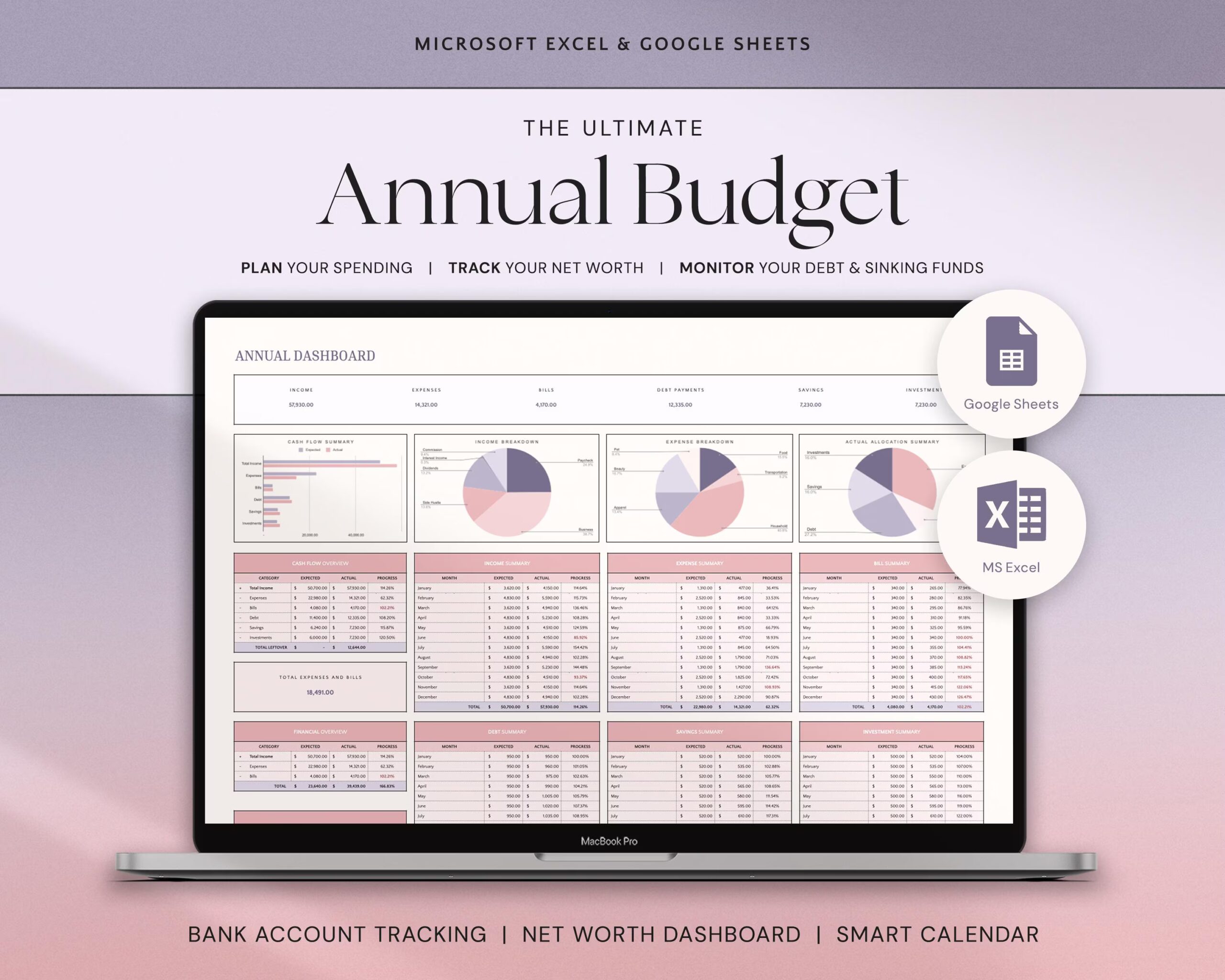 Annual Budget Spreadsheet Planner with Yearly Budget Planner, Financial Planner and Monthly Budget Template