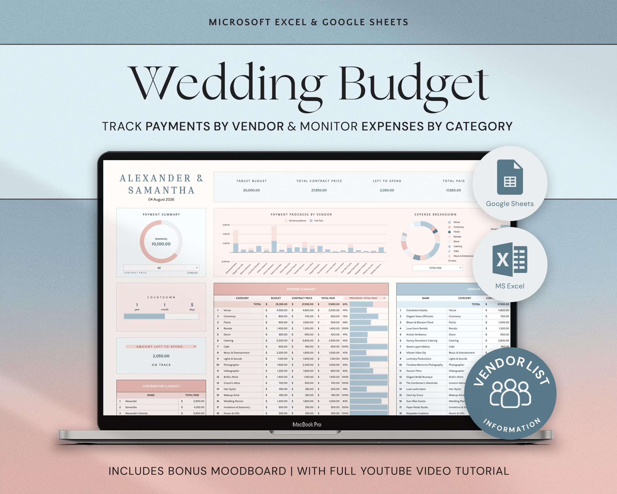 Wedding Budget Spreadsheet with Wedding Planner, Expense Tracker, Destination Wedding Finance and Bridal Budget Template