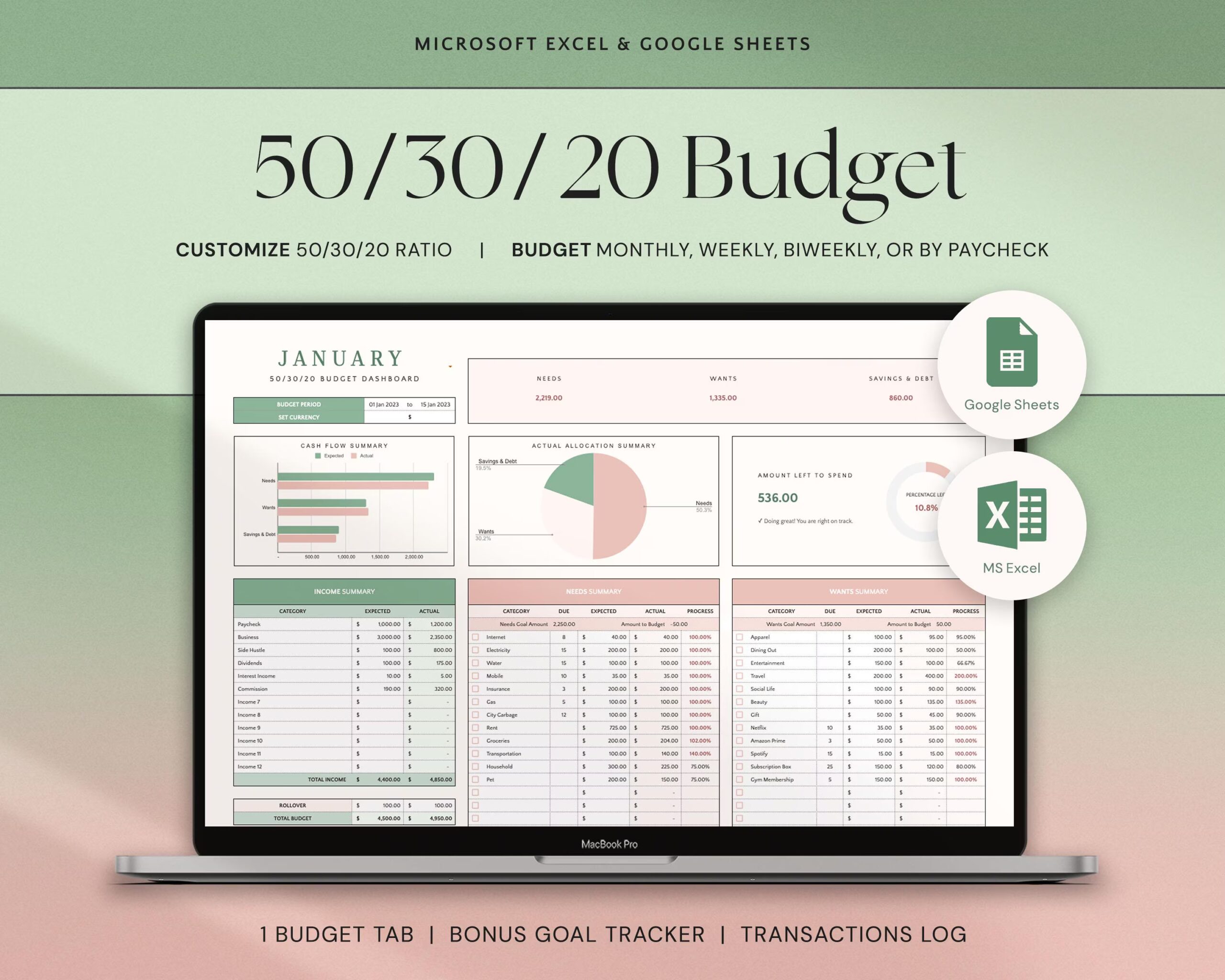 Budget Planner with Monthly Budget Spreadsheet, Paycheck Budget Template and Weekly Budget Tracker