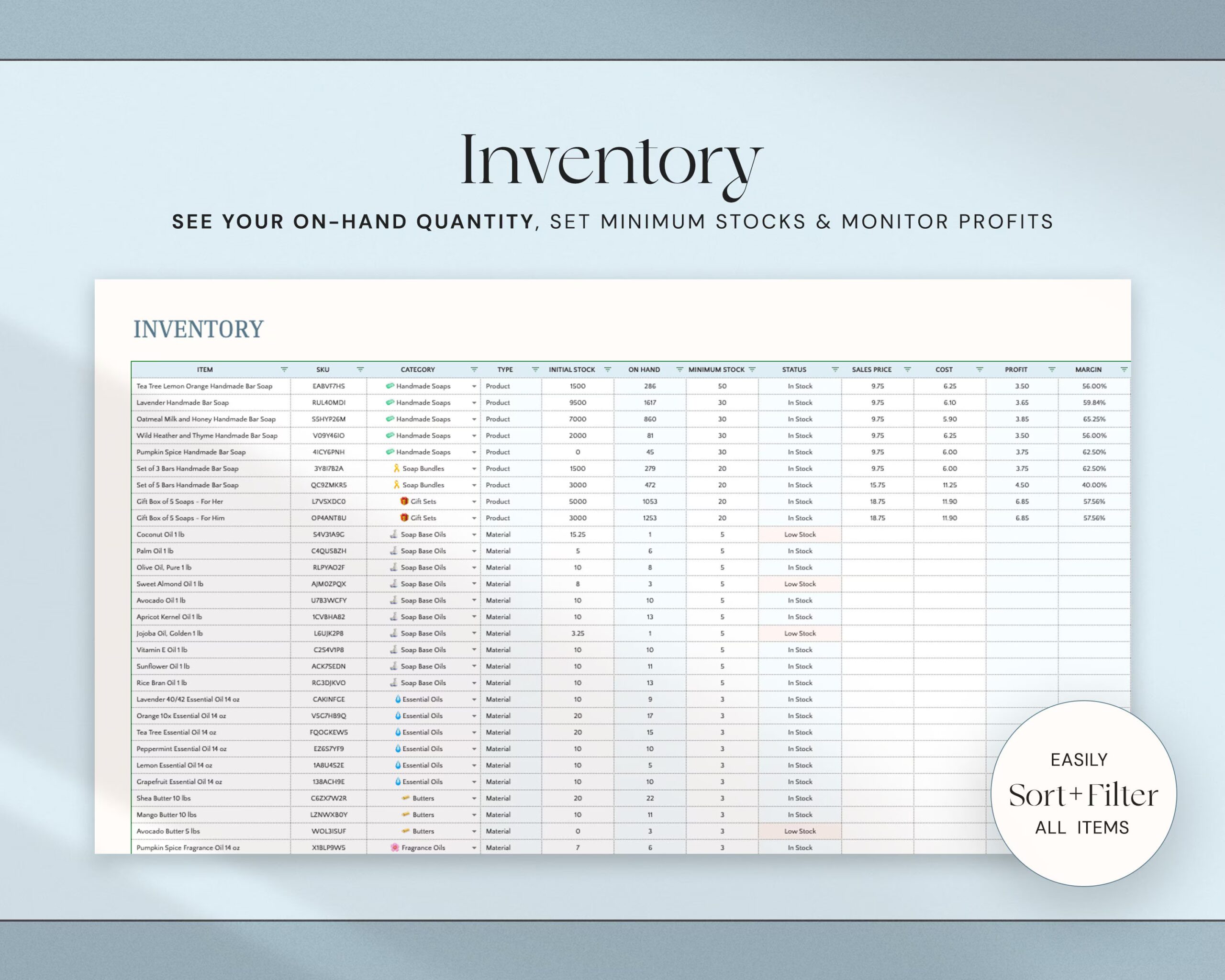 Inventory Tracker Spreadsheet with Inventory Management, Inventory Log and Order Tracker for Small Business