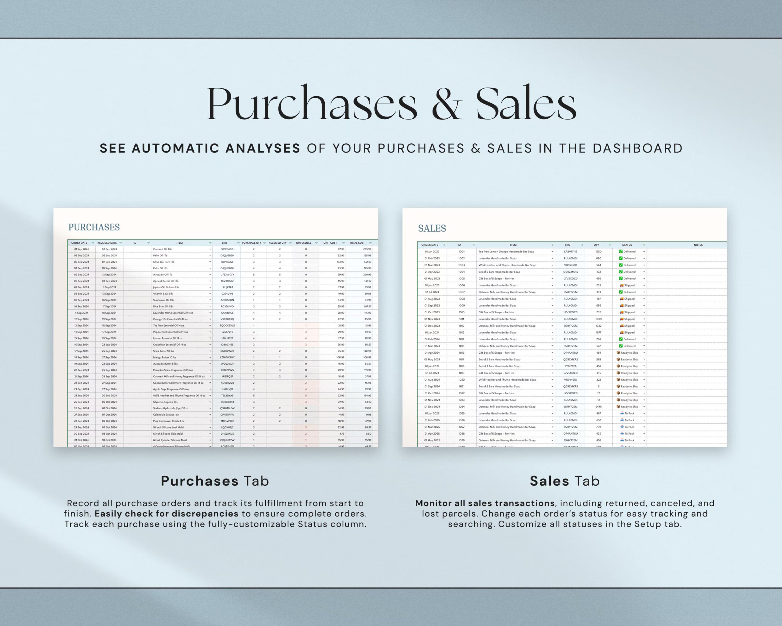 Inventory Tracker Spreadsheet with Inventory Management, Inventory Log and Order Tracker for Small Business