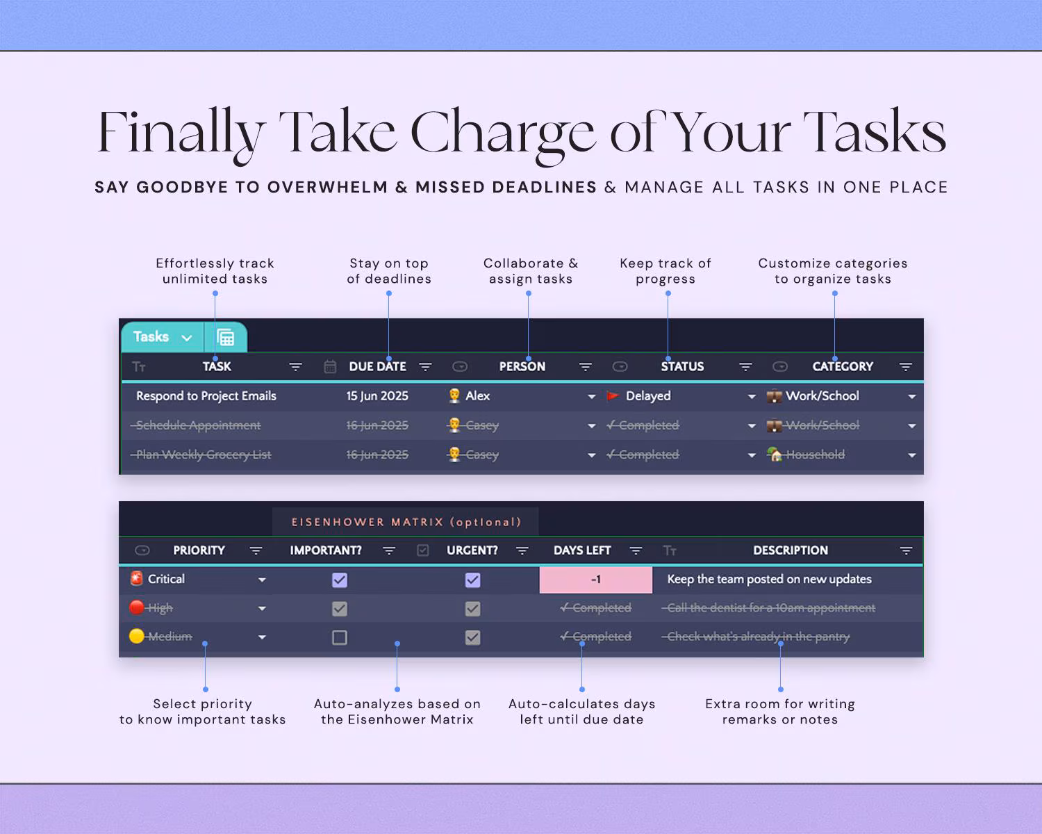Task Tracker Spreadsheet with To Do List, Daily Task Management, Project Manager, Eisenhower Matrix, Kanban Board and Dark Mode