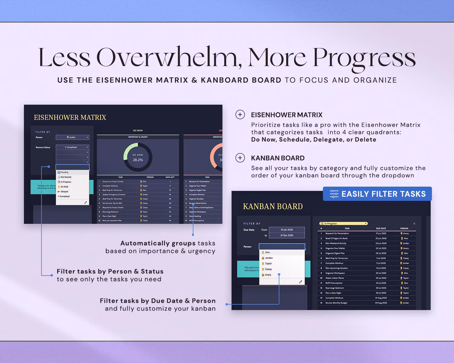 Task Tracker Spreadsheet with To Do List, Daily Task Management, Project Manager, Eisenhower Matrix, Kanban Board and Dark Mode