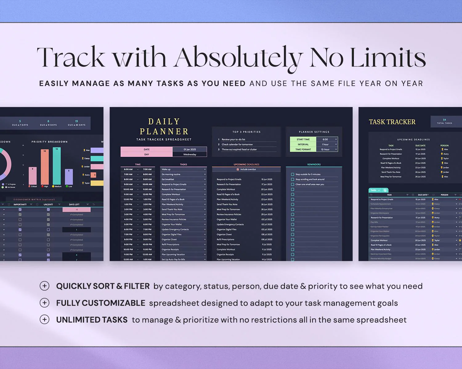 Task Tracker Spreadsheet with To Do List, Daily Task Management, Project Manager, Eisenhower Matrix, Kanban Board and Dark Mode