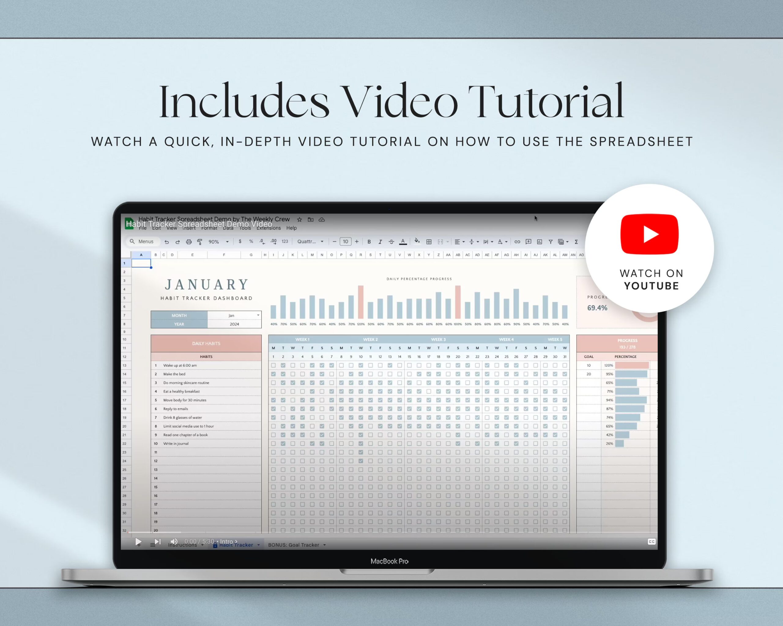 Habit Tracker Spreadsheet with Daily Habit Planner, Weekly and Monthly Goal Tracker and Routine Planner