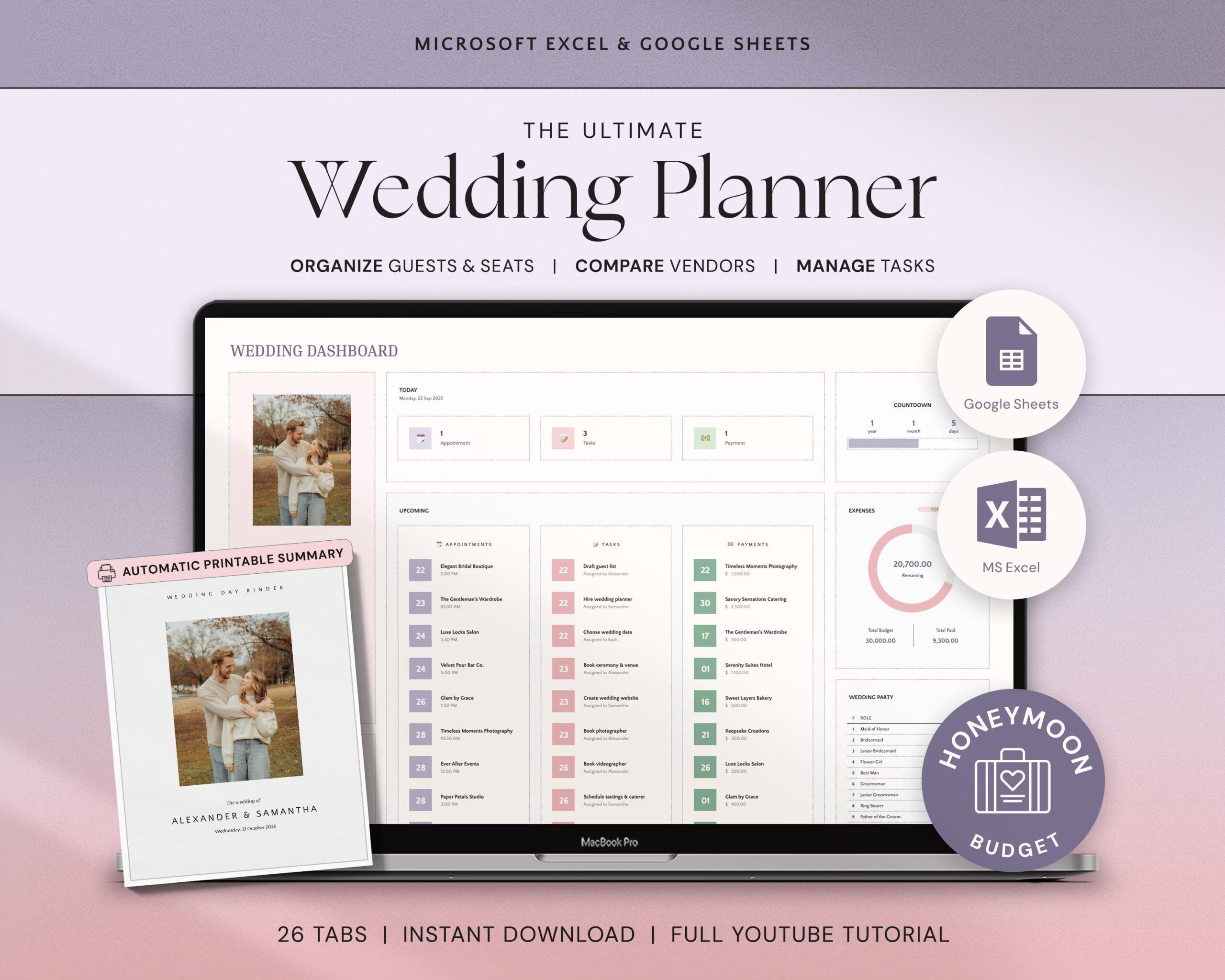 Wedding Planner Spreadsheet with Guest List, Seating Plan, Wedding Checklist and Budget Tracker