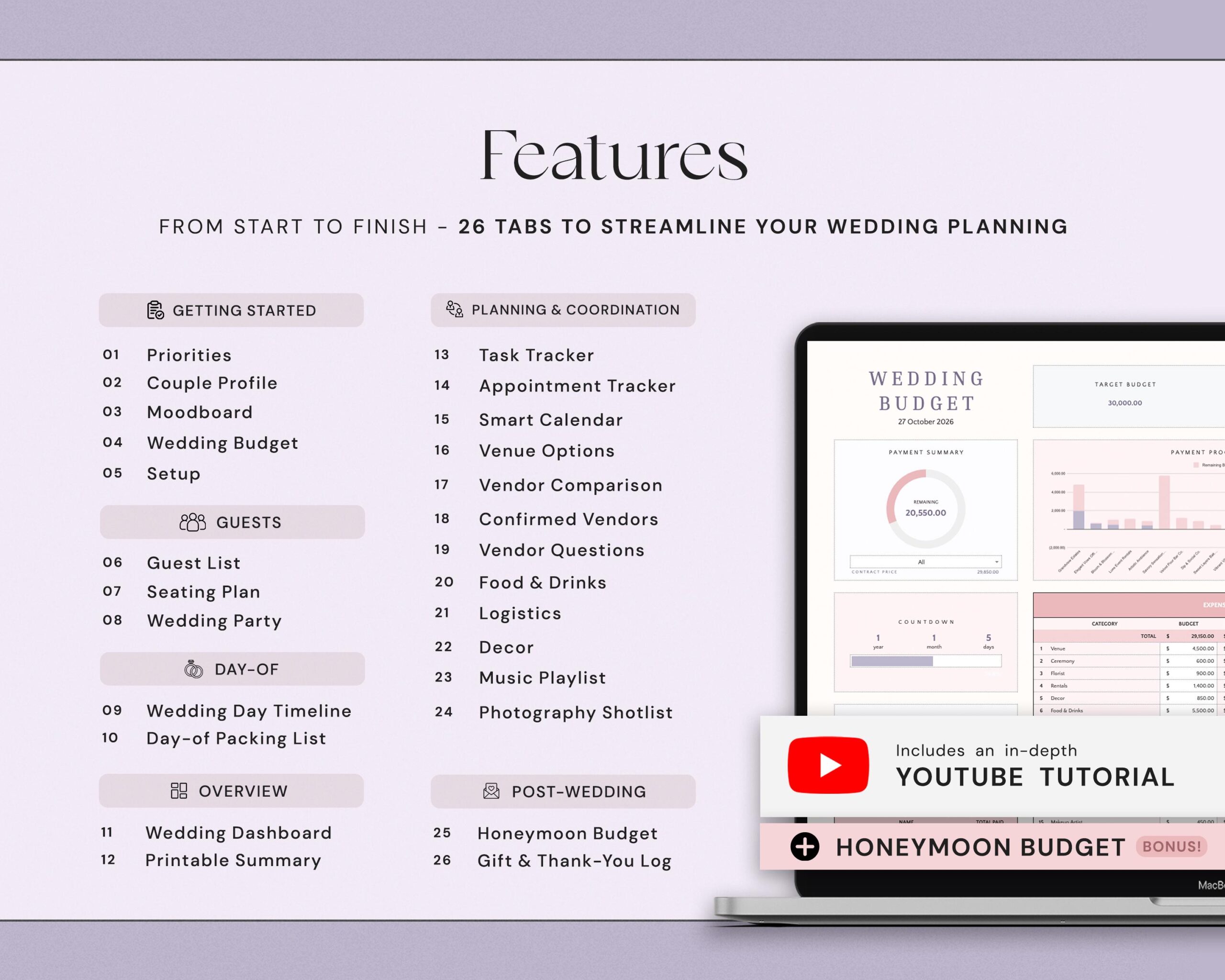 Wedding Planner Spreadsheet with Guest List, Seating Plan, Wedding Checklist and Budget Tracker