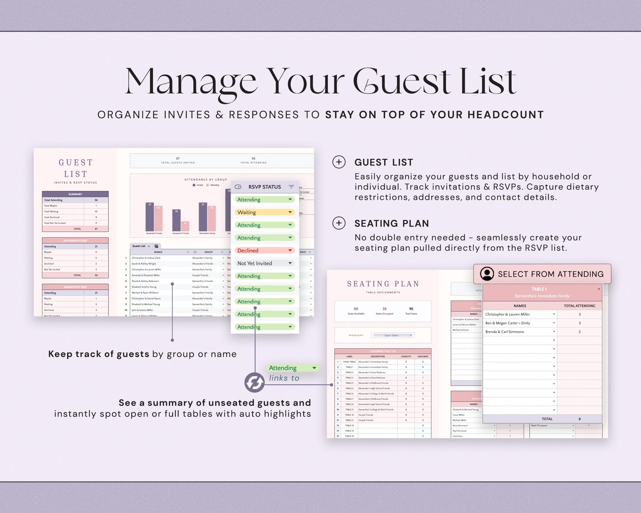Wedding Planner Spreadsheet with Guest List, Seating Plan, Wedding Checklist and Budget Tracker