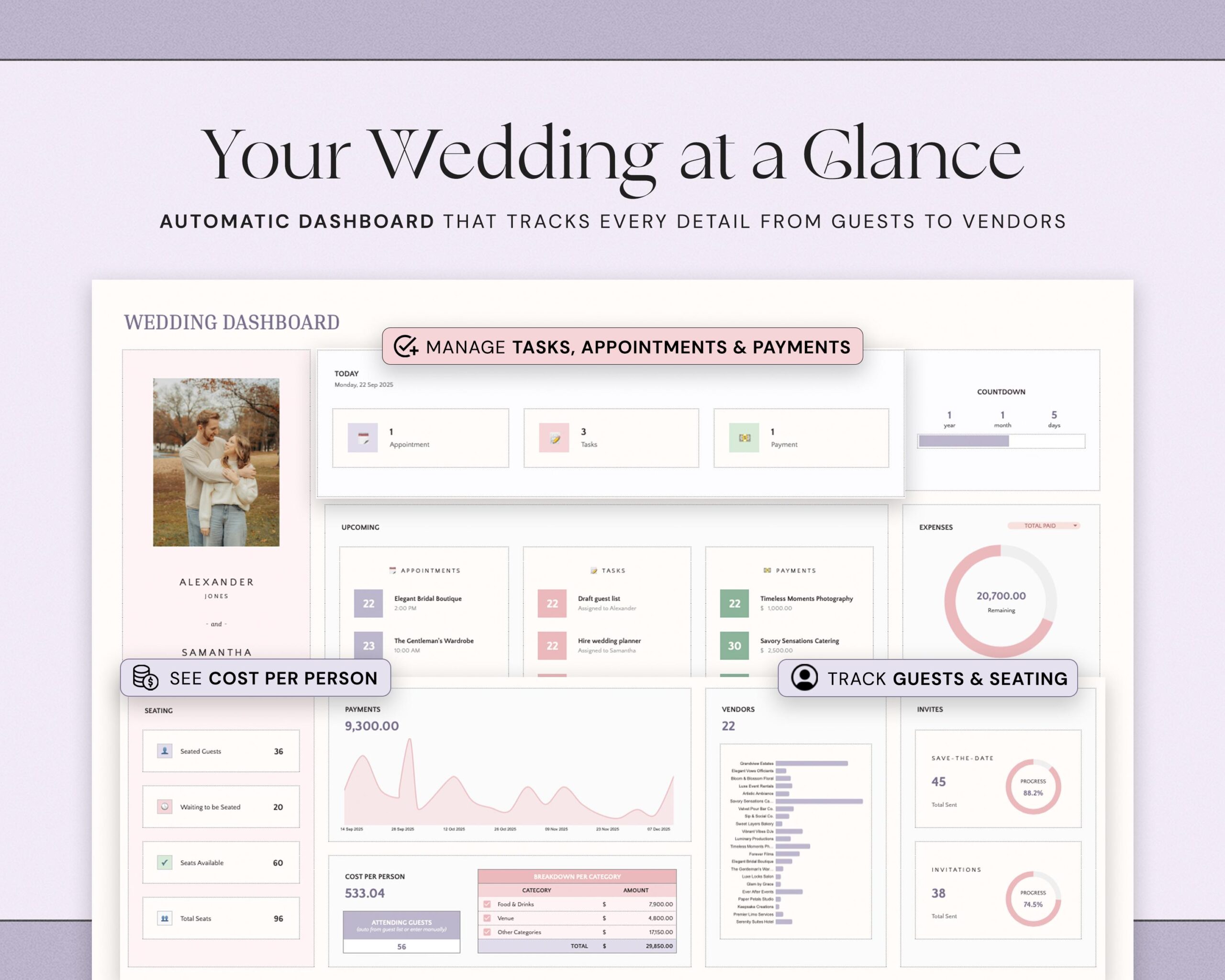 Wedding Planner Spreadsheet with Guest List, Seating Plan, Wedding Checklist and Budget Tracker