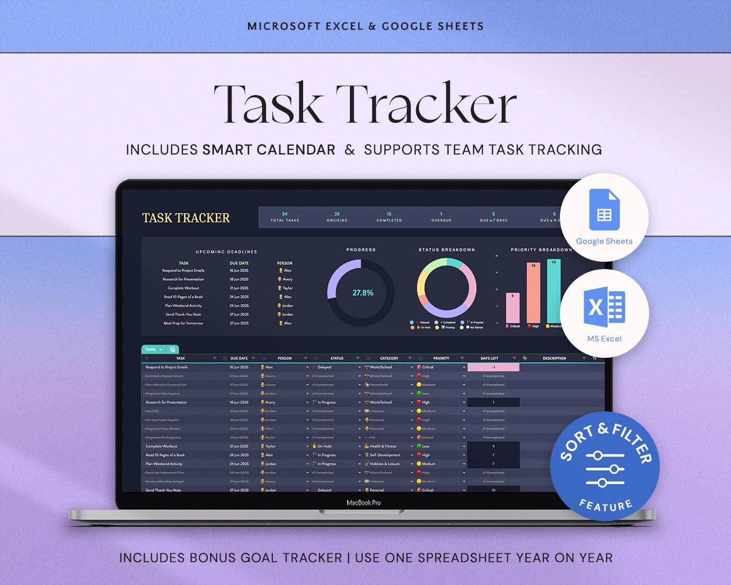 Task Tracker Spreadsheet with To Do List, Team Task Management, Work Organization, Monthly Schedule and Calendar Dark Mode