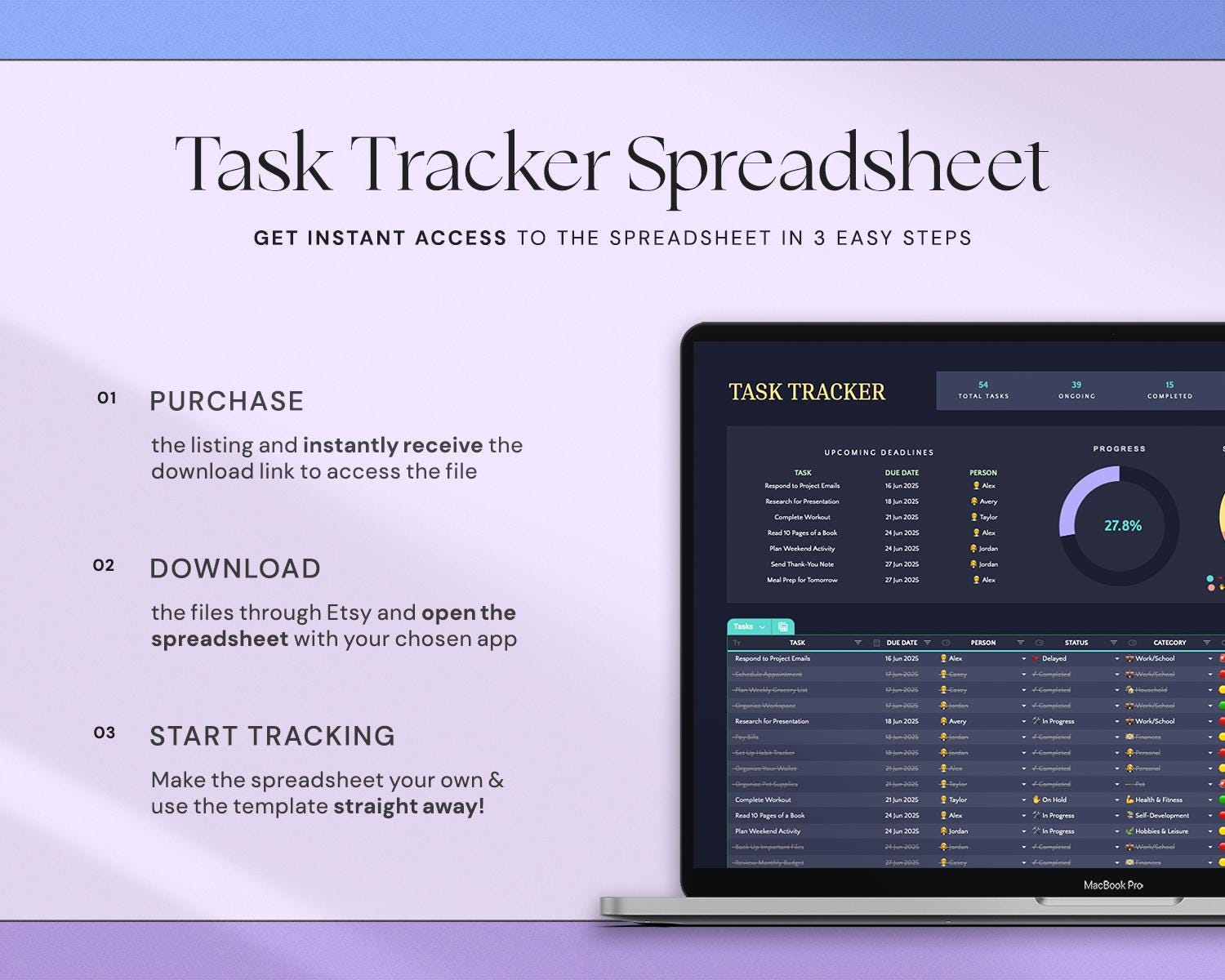 Task Tracker Spreadsheet with To Do List, Team Task Management, Work Organization, Monthly Schedule and Calendar Dark Mode