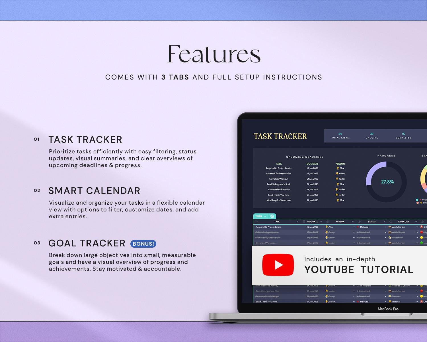 Task Tracker Spreadsheet with To Do List, Team Task Management, Work Organization, Monthly Schedule and Calendar Dark Mode