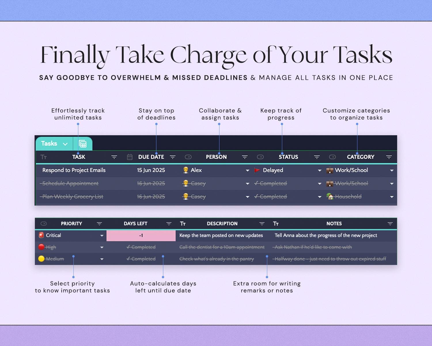 Task Tracker Spreadsheet with To Do List, Team Task Management, Work Organization, Monthly Schedule and Calendar Dark Mode