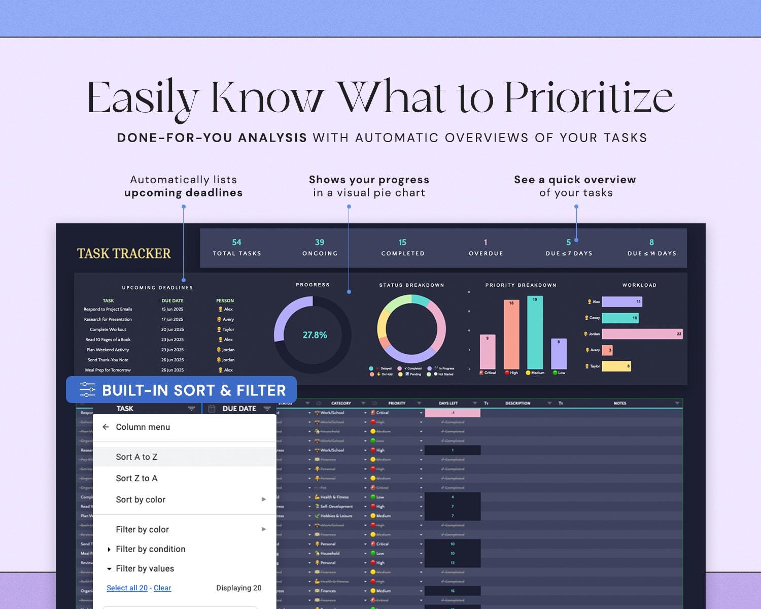 Task Tracker Spreadsheet with To Do List, Team Task Management, Work Organization, Monthly Schedule and Calendar Dark Mode