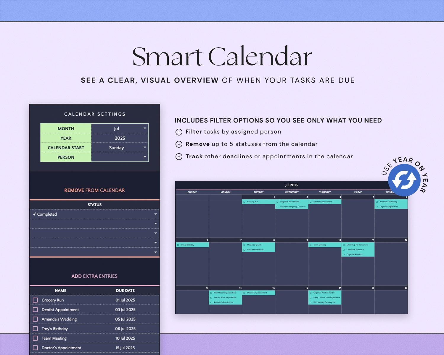Task Tracker Spreadsheet with To Do List, Team Task Management, Work Organization, Monthly Schedule and Calendar Dark Mode