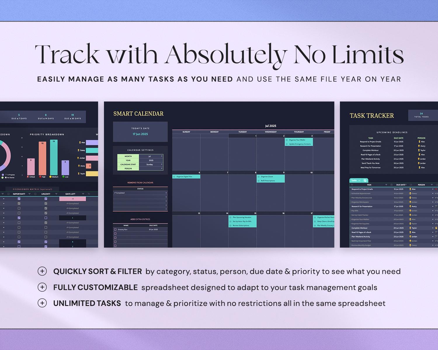Task Tracker Spreadsheet with To Do List, Team Task Management, Work Organization, Monthly Schedule and Calendar Dark Mode
