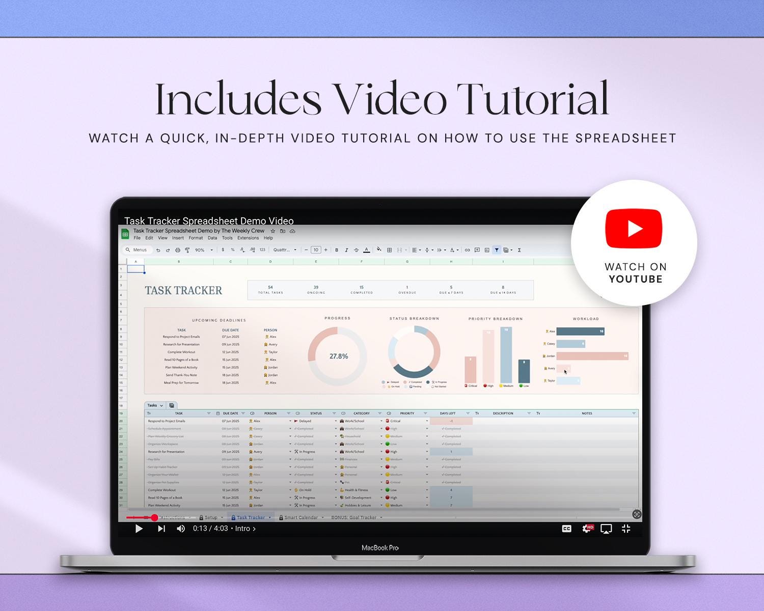 Task Tracker Spreadsheet with To Do List, Team Task Management, Work Organization, Monthly Schedule and Calendar Dark Mode