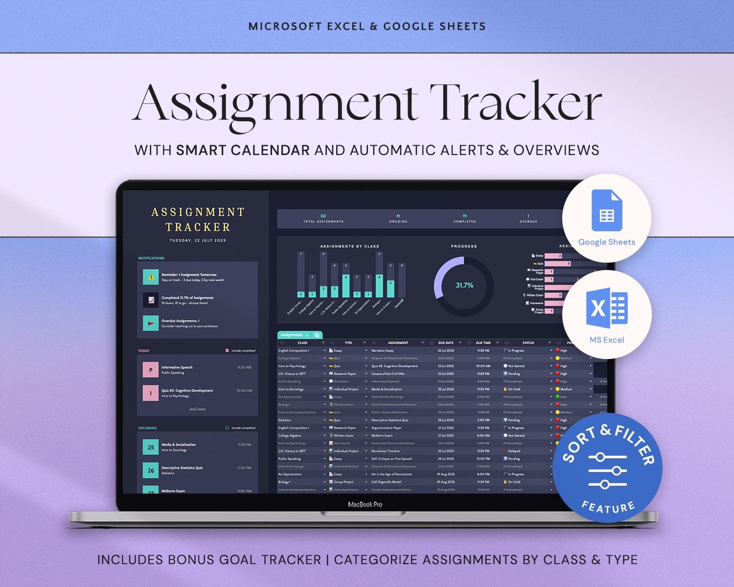 Assignment Tracker with Academic Student Planner, Study Planner Spreadsheet and Dark Mode Design
