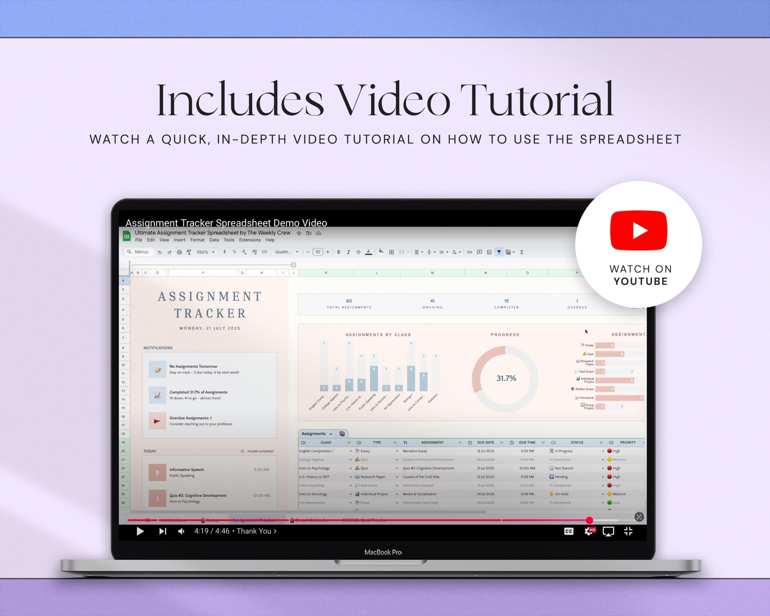 Assignment Tracker with Academic Student Planner, Study Planner Spreadsheet and Dark Mode Design