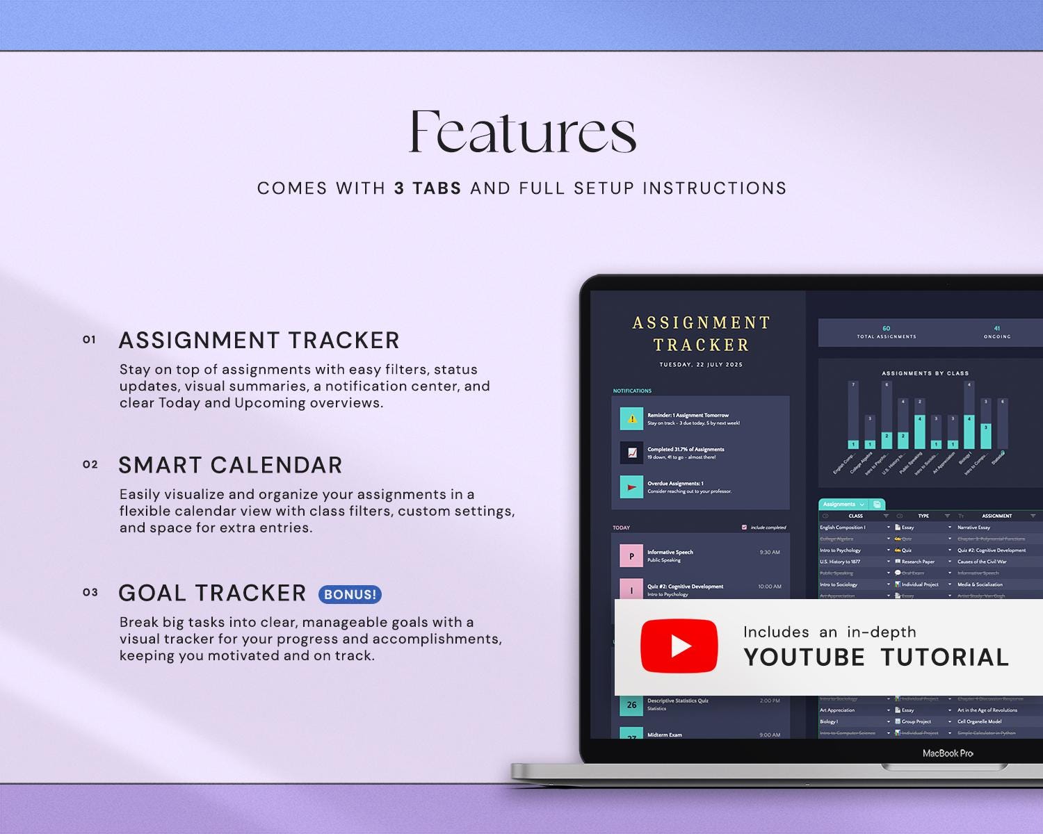 Assignment Tracker with Academic Student Planner, Study Planner Spreadsheet and Dark Mode Design