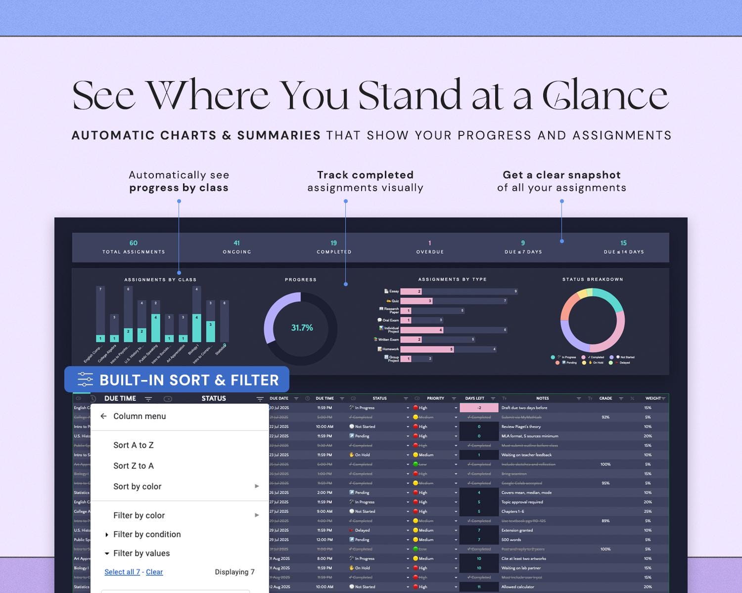 Assignment Tracker with Academic Student Planner, Study Planner Spreadsheet and Dark Mode Design
