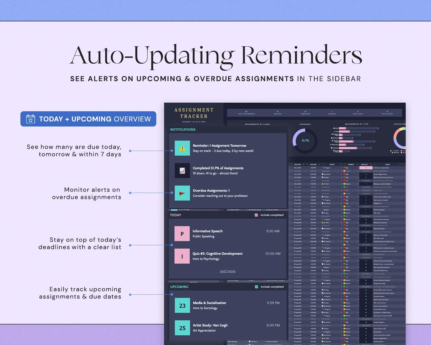 Assignment Tracker with Academic Student Planner, Study Planner Spreadsheet and Dark Mode Design