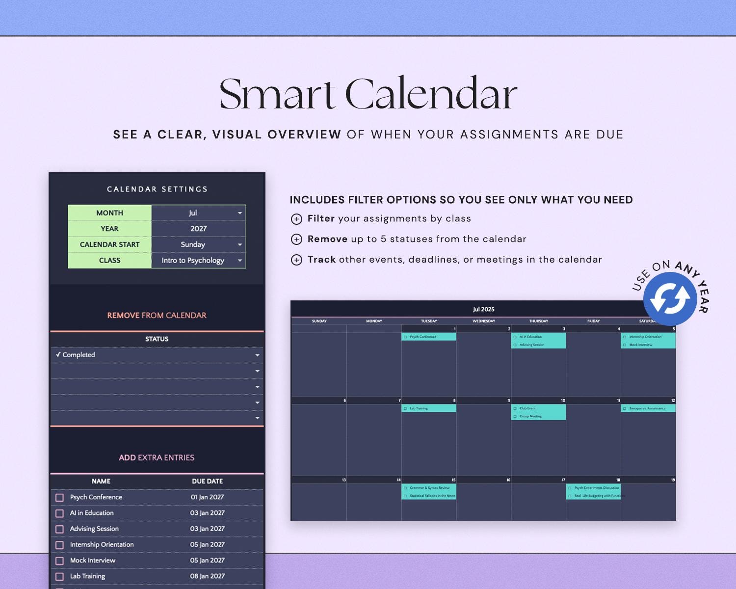 Assignment Tracker with Academic Student Planner, Study Planner Spreadsheet and Dark Mode Design