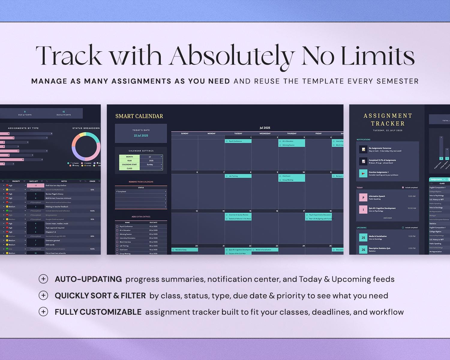 Assignment Tracker with Academic Student Planner, Study Planner Spreadsheet and Dark Mode Design