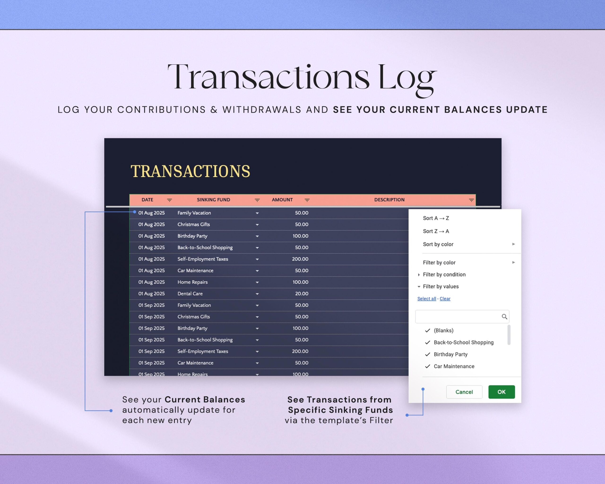 Savings Tracker Spreadsheet with Sinking Funds Planner, Savings Goal Tracker and Money Planning Template