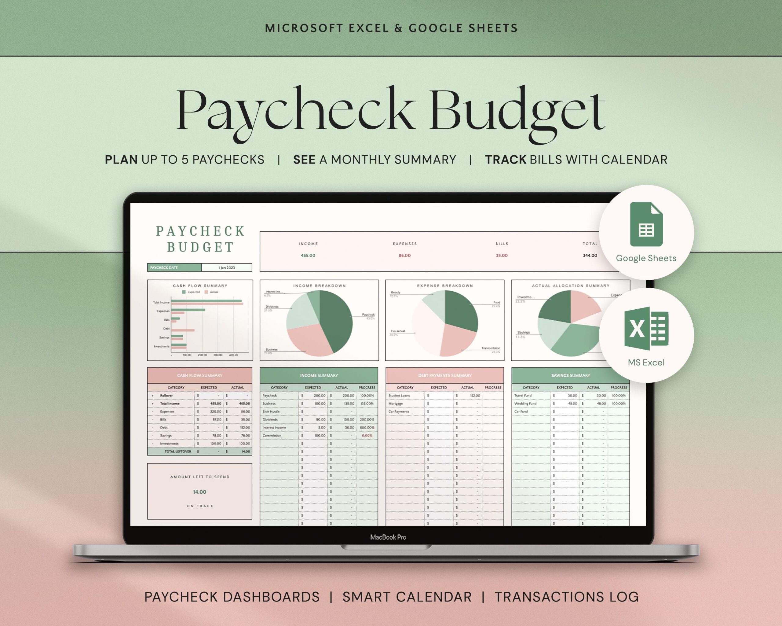 Budget Spreadsheet with Paycheck Budget Template, Biweekly Budget Planner, Expense Tracker and Weekly Finance Planner