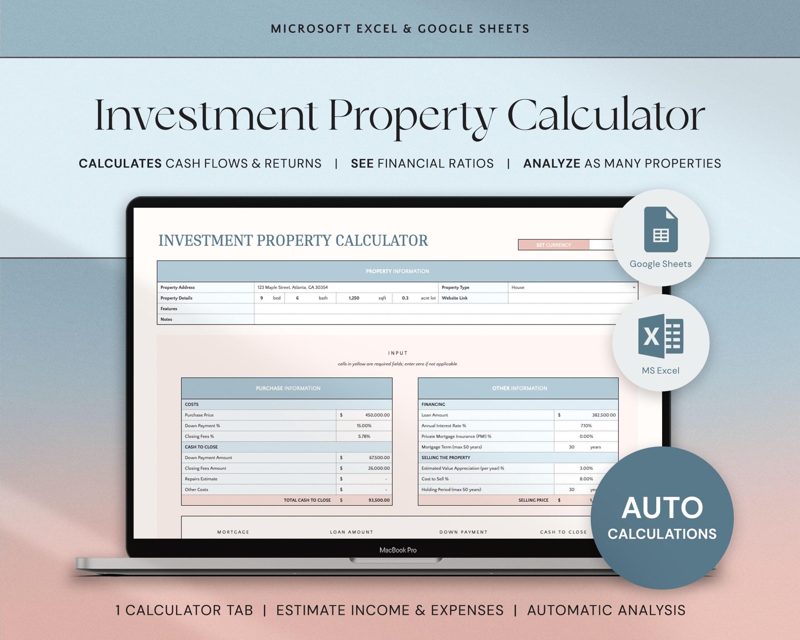 Rental Property Calculator Spreadsheet with Investment Property Analysis, Mortgage Calculator, Real Estate ROI and Cap Rate Tracker