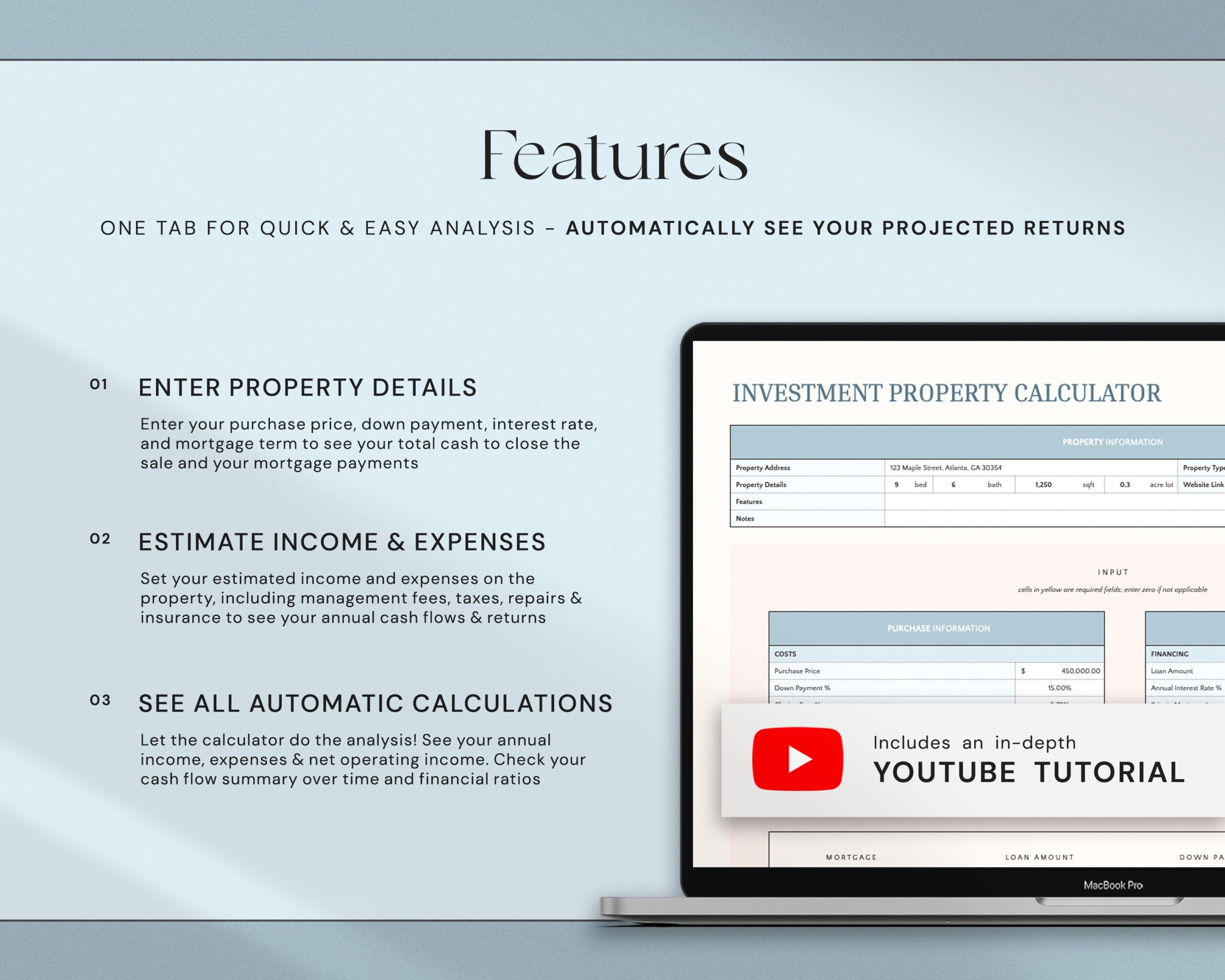 Rental Property Calculator Spreadsheet with Investment Property Analysis, Mortgage Calculator, Real Estate ROI and Cap Rate Tracker