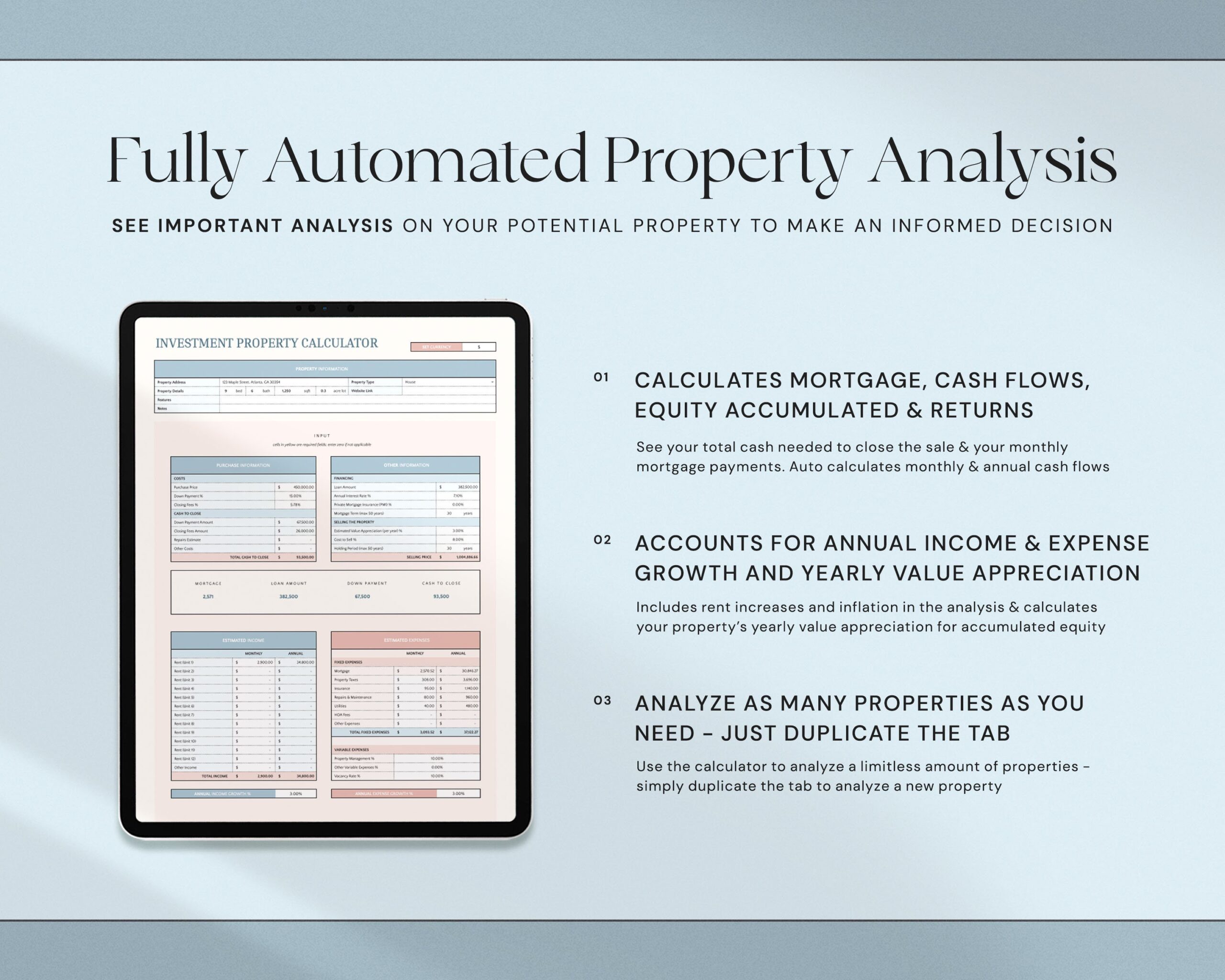 Rental Property Calculator Spreadsheet with Investment Property Analysis, Mortgage Calculator, Real Estate ROI and Cap Rate Tracker