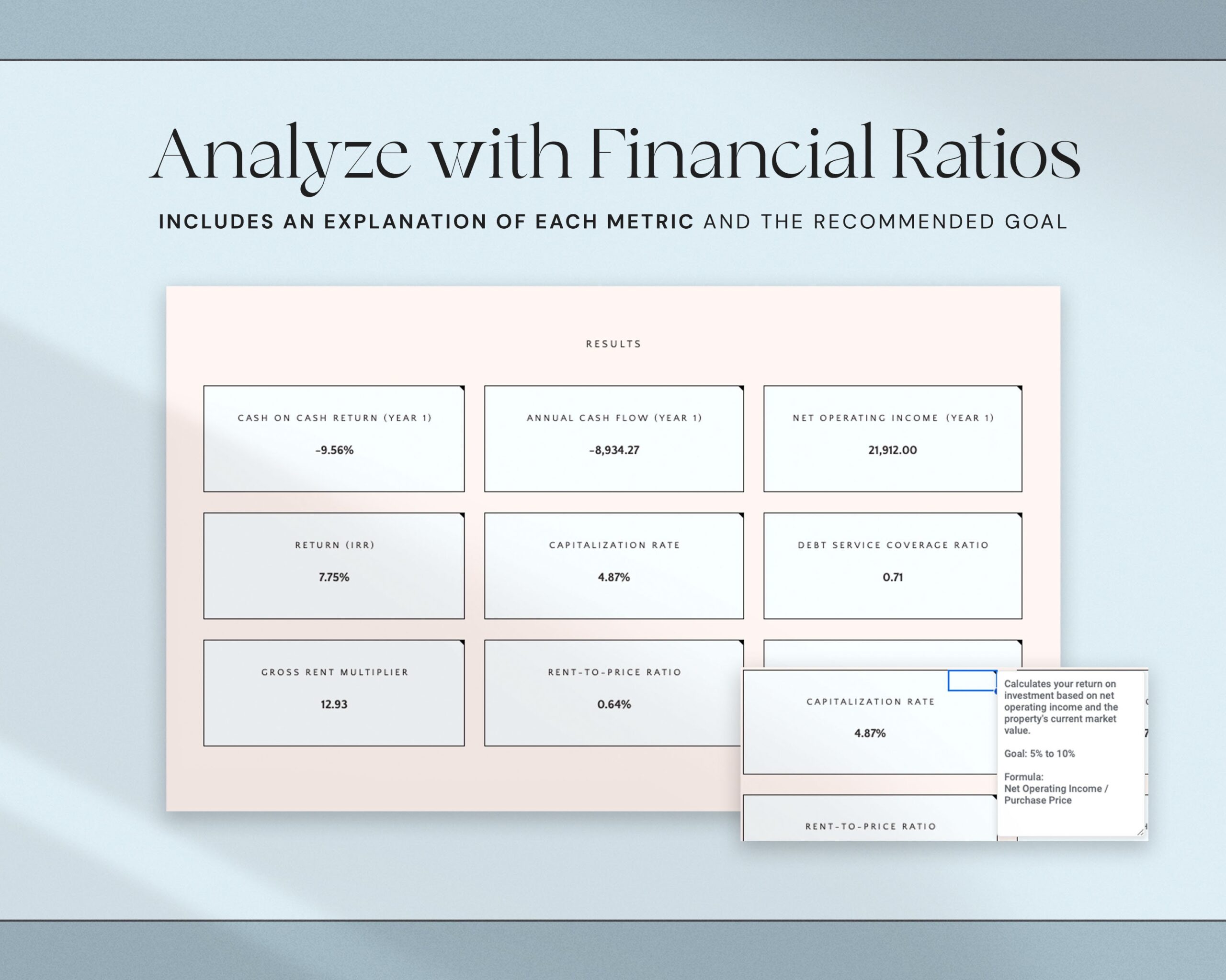 Rental Property Calculator Spreadsheet with Investment Property Analysis, Mortgage Calculator, Real Estate ROI and Cap Rate Tracker
