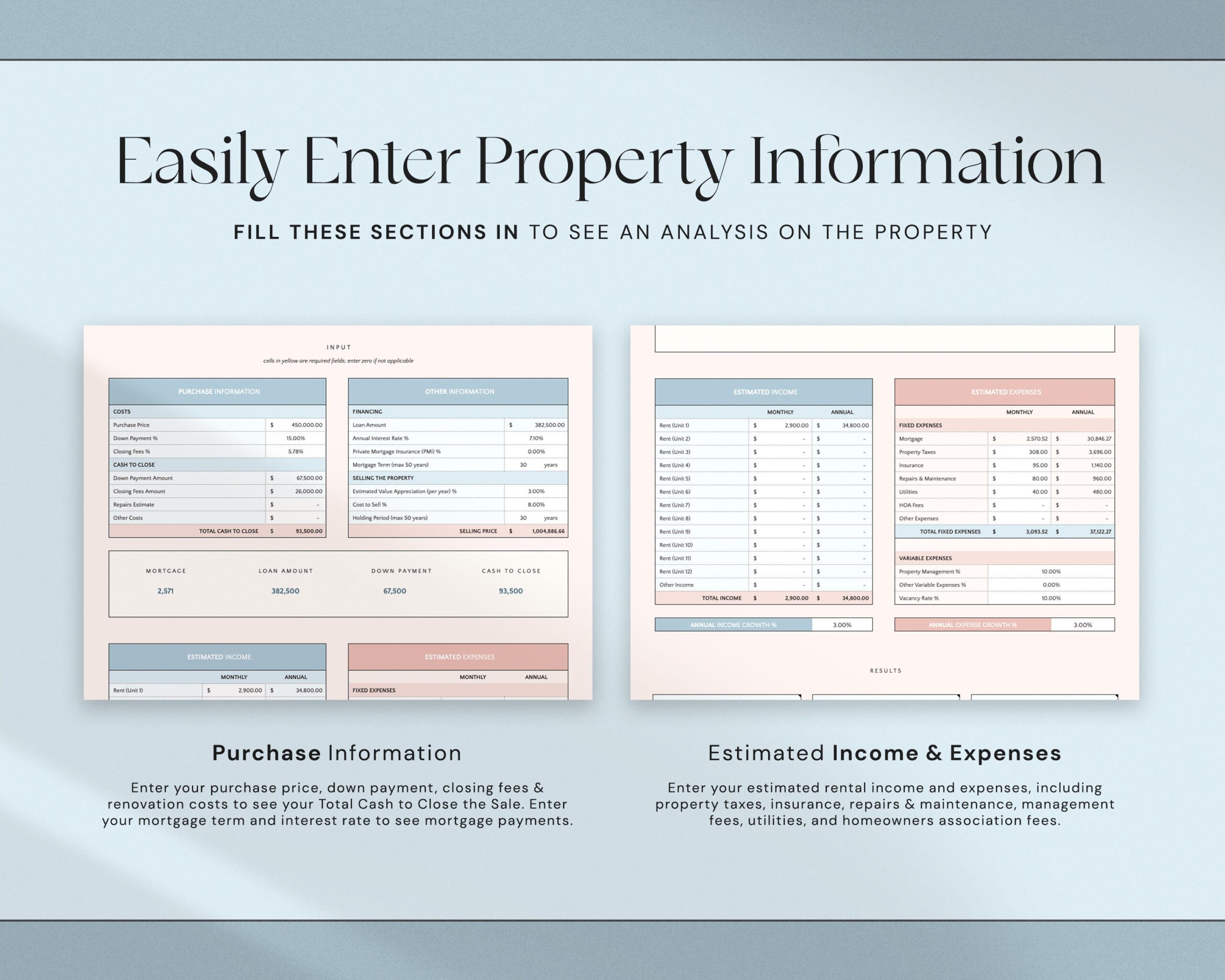 Rental Property Calculator Spreadsheet with Investment Property Analysis, Mortgage Calculator, Real Estate ROI and Cap Rate Tracker