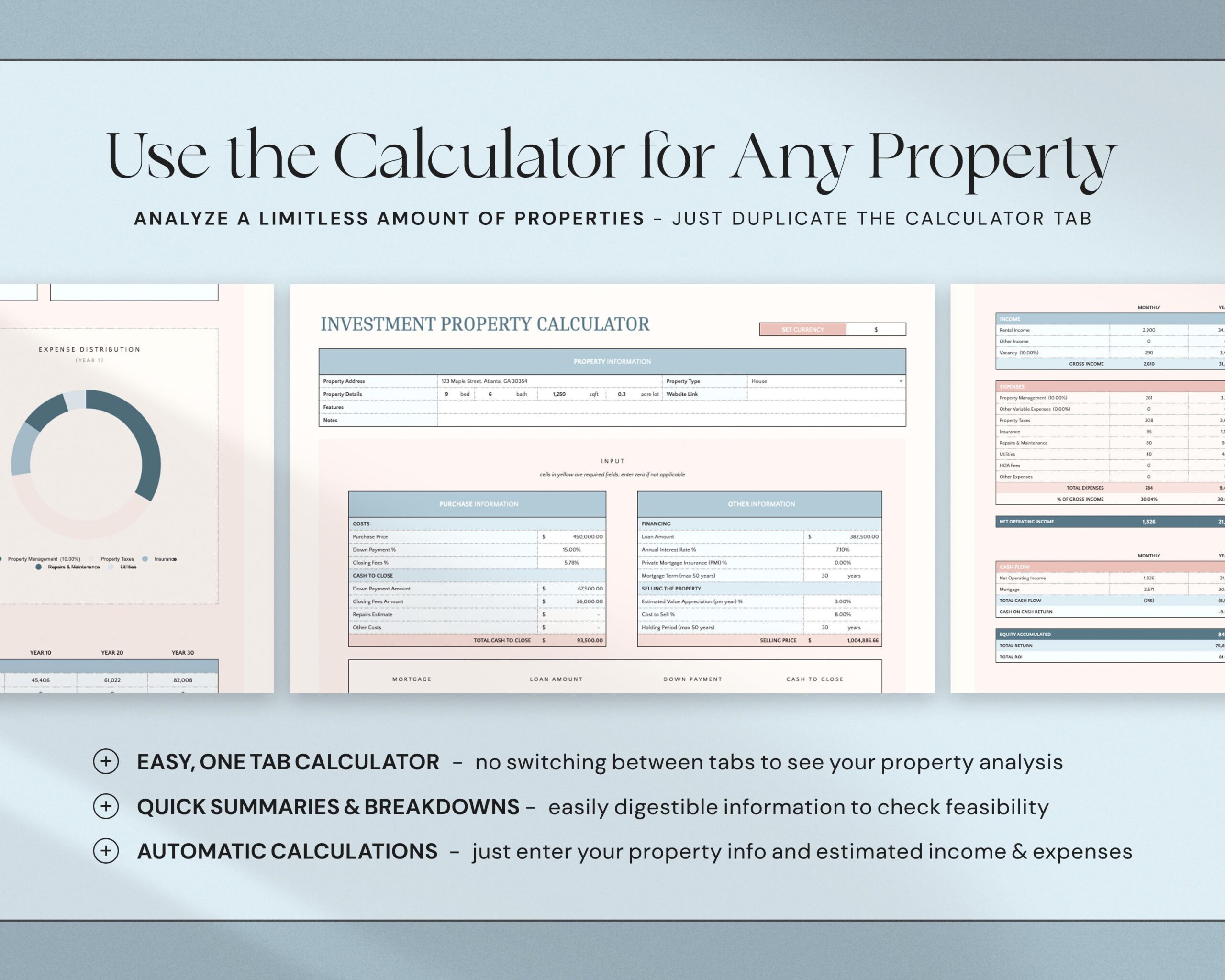 Rental Property Calculator Spreadsheet with Investment Property Analysis, Mortgage Calculator, Real Estate ROI and Cap Rate Tracker