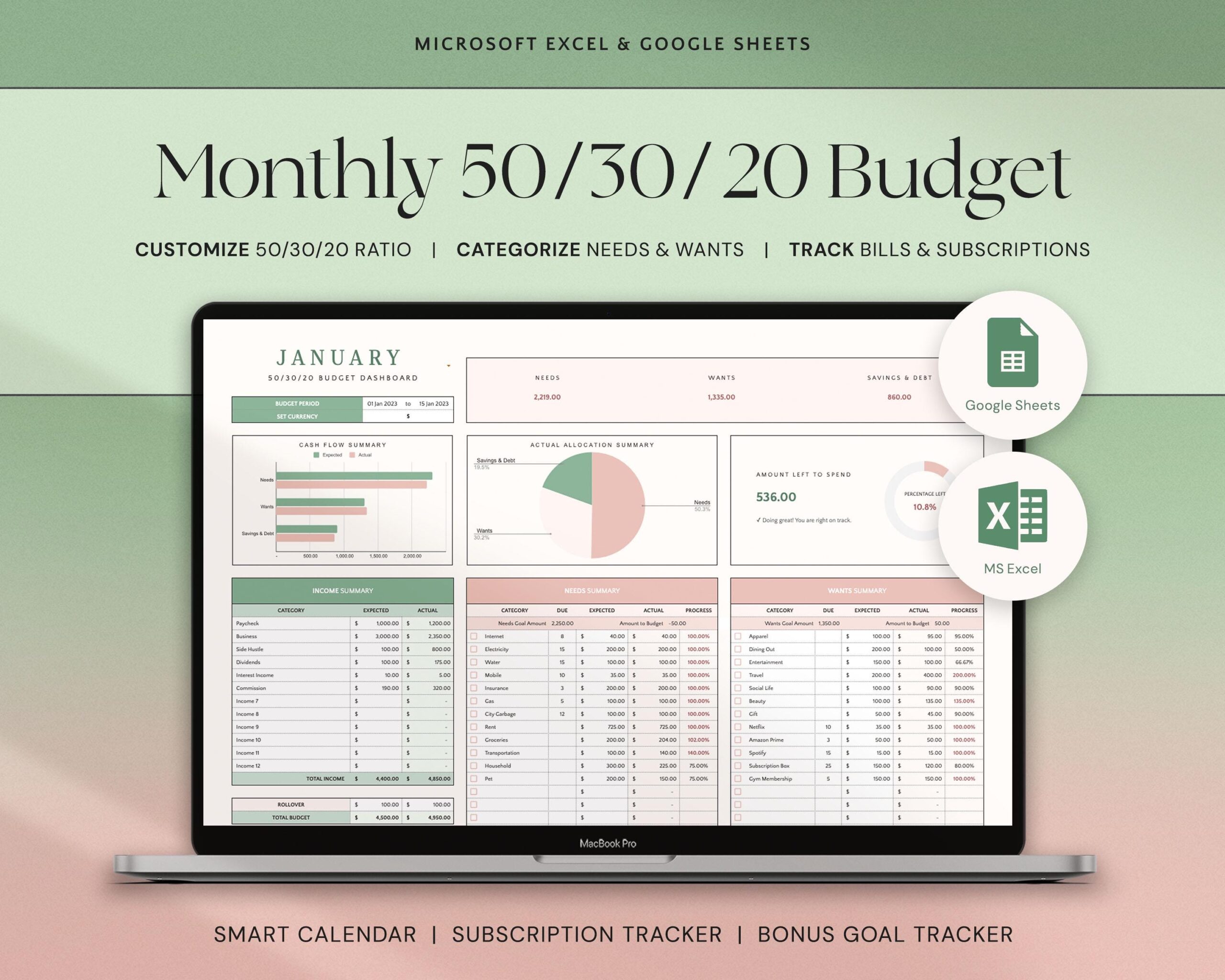 Monthly Budget Spreadsheet with Digital Budget Planner and Monthly Finance Tracker