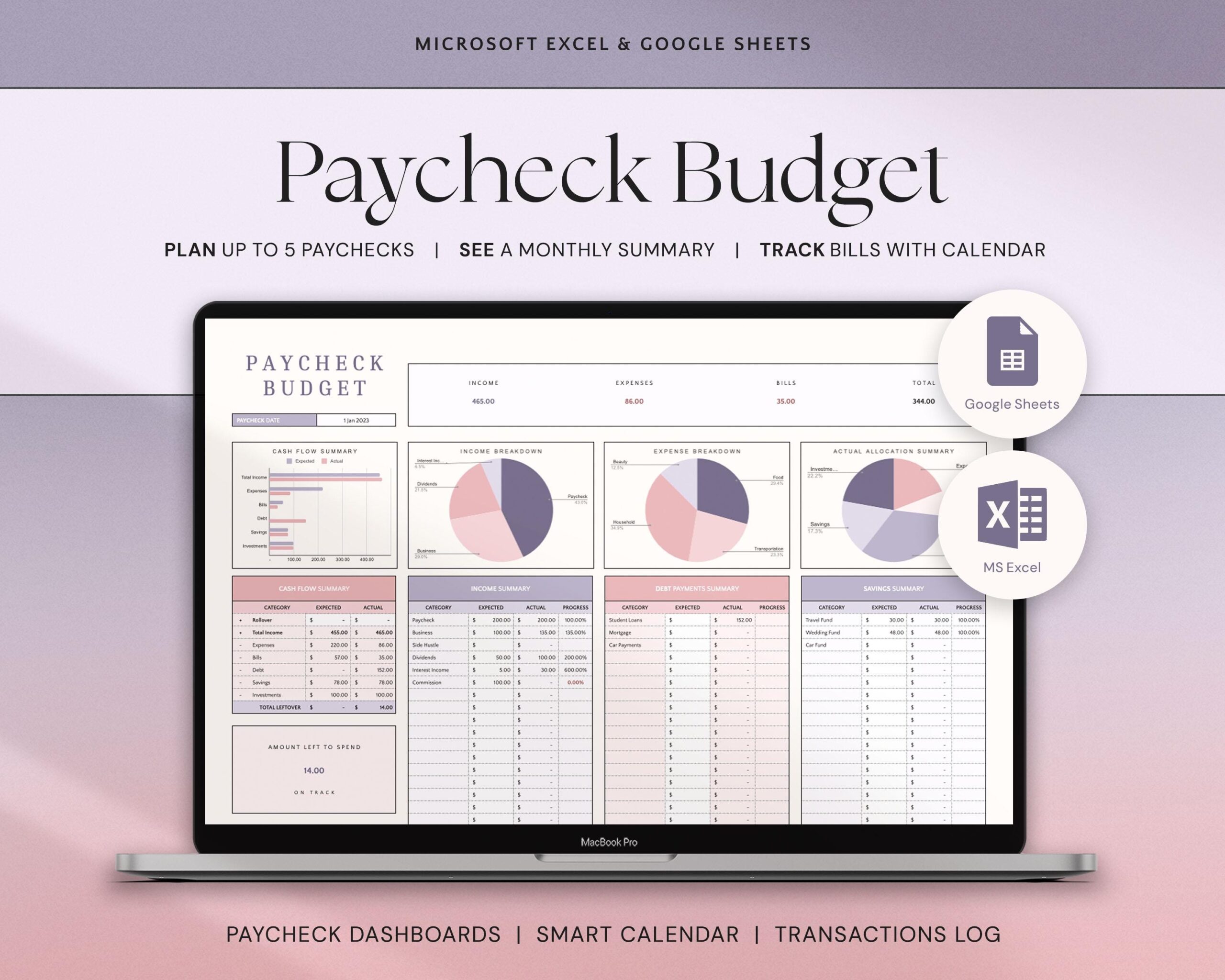 Paycheck Budget Spreadsheet with Paycheck-by-Paycheck Budget Planner and Personal Finance Tracker