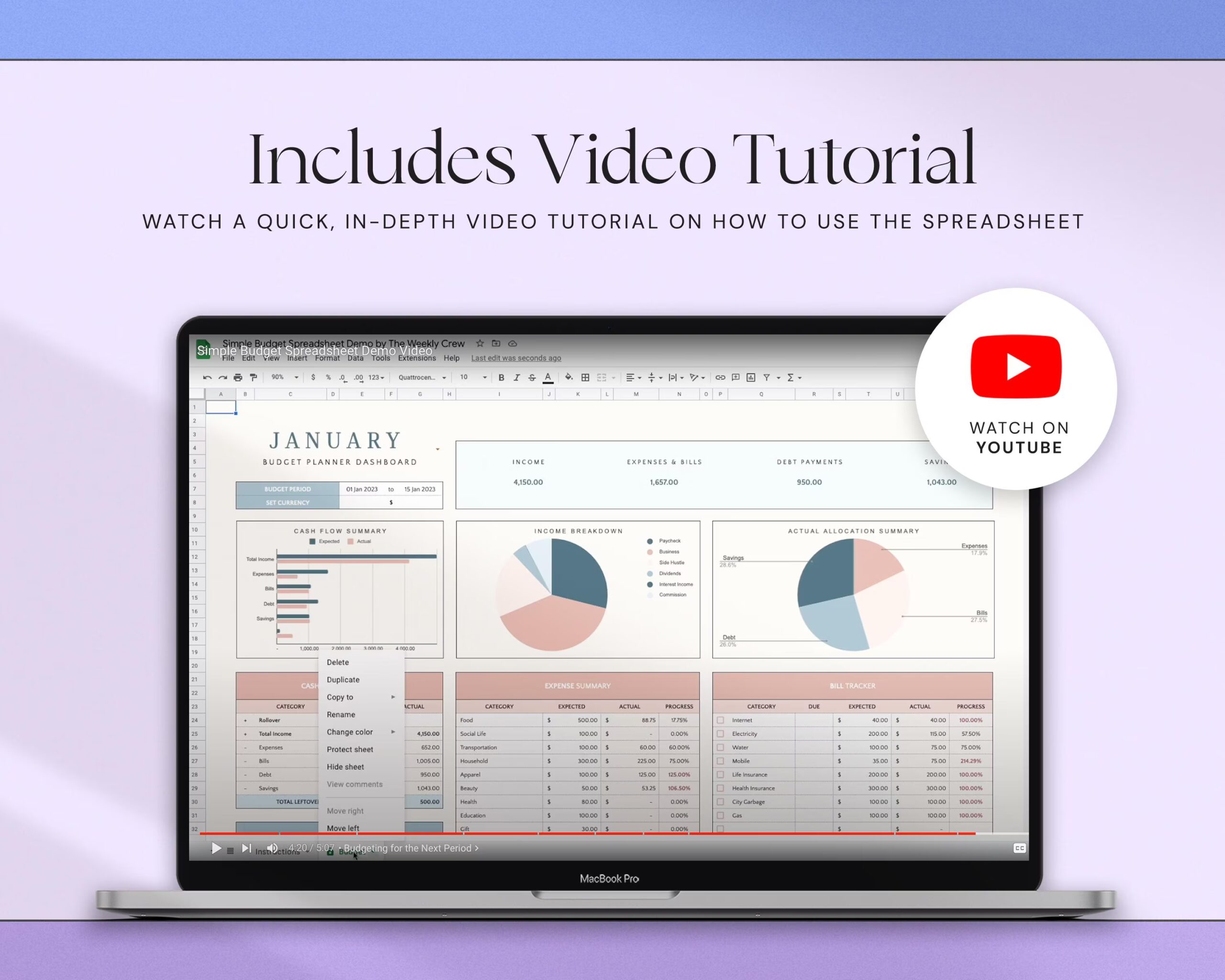 Budget Planner Spreadsheet with Monthly Paycheck Budget Tracker, Weekly Expense Tracking and Finance Tracker Dark Mode