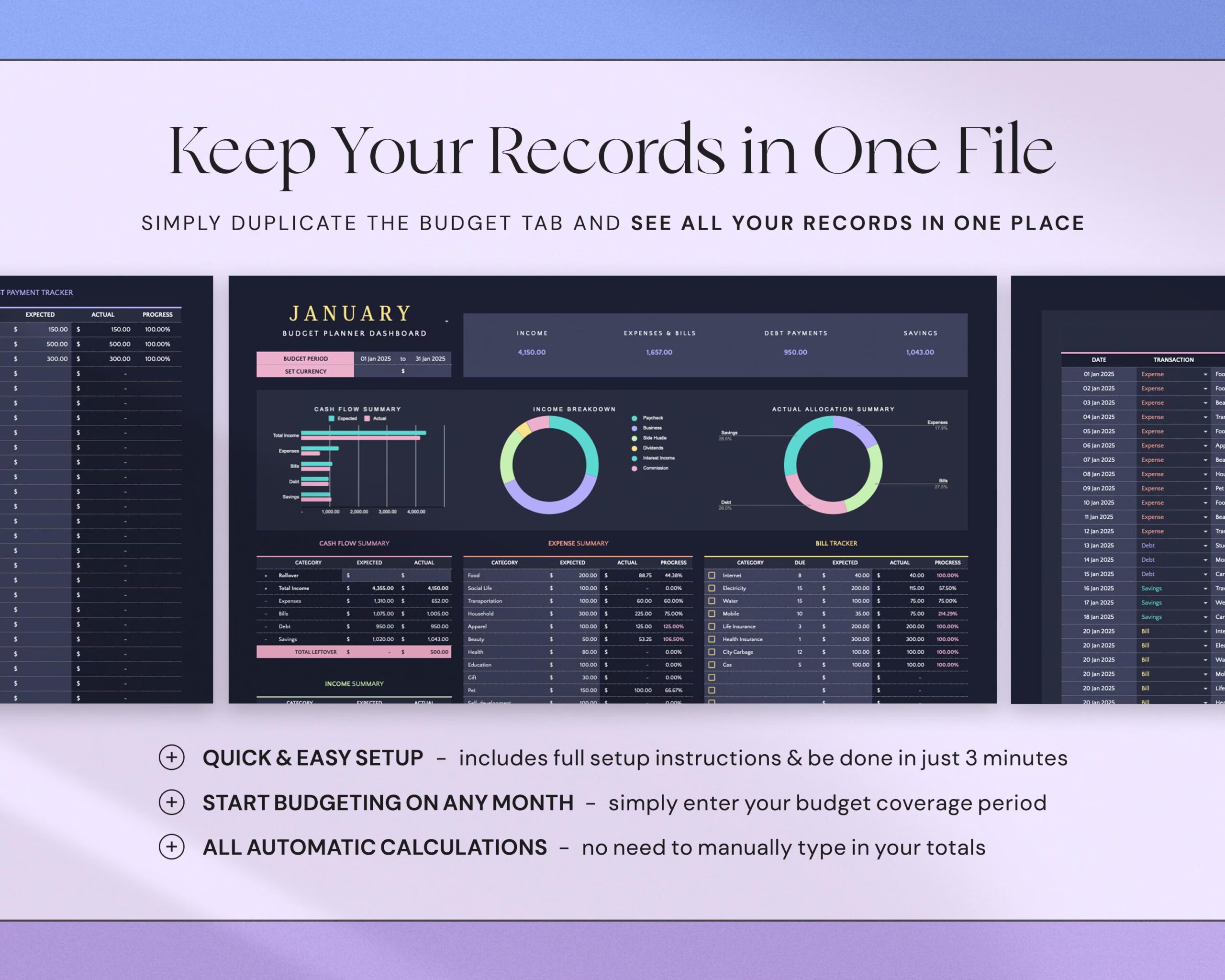 Budget Planner Spreadsheet with Monthly Paycheck Budget Tracker, Weekly Expense Tracking and Finance Tracker Dark Mode