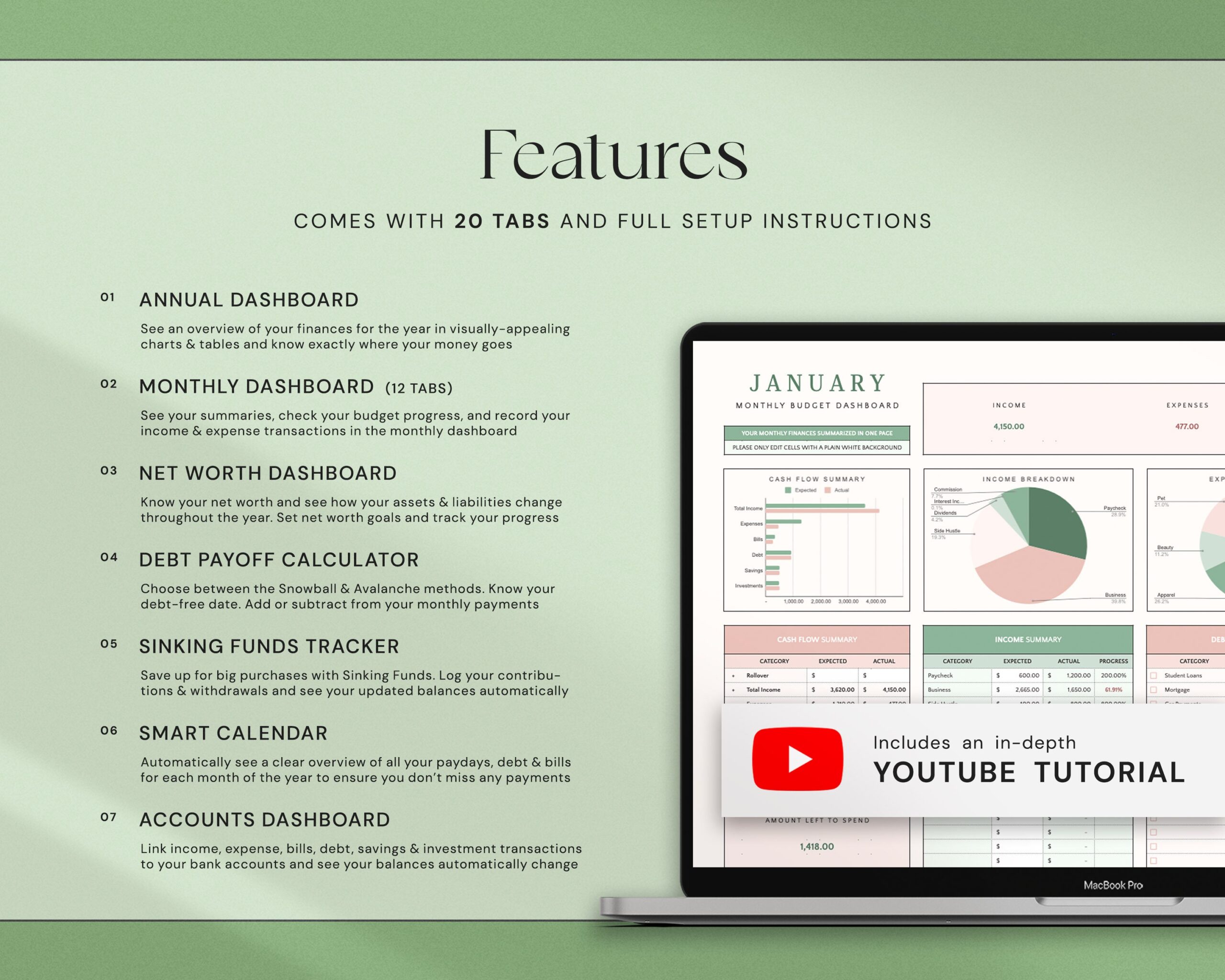 Annual Budget Spreadsheet with Monthly Budget Template, Yearly Budget Planner and Personal Finance Tracker
