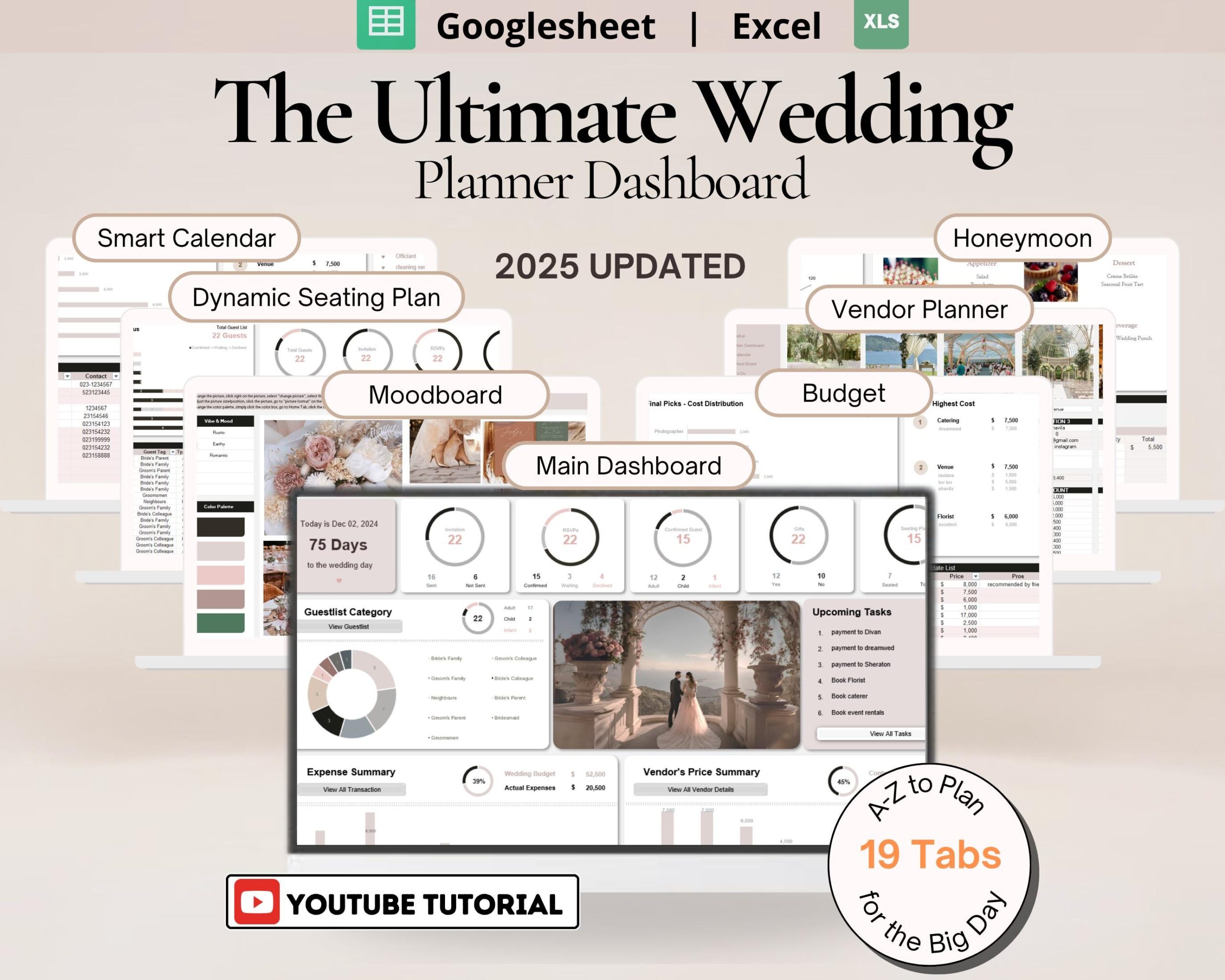 Ultimate Wedding Planner Spreadsheet with Budget, Guest List, Itinerary and Smart Calendar