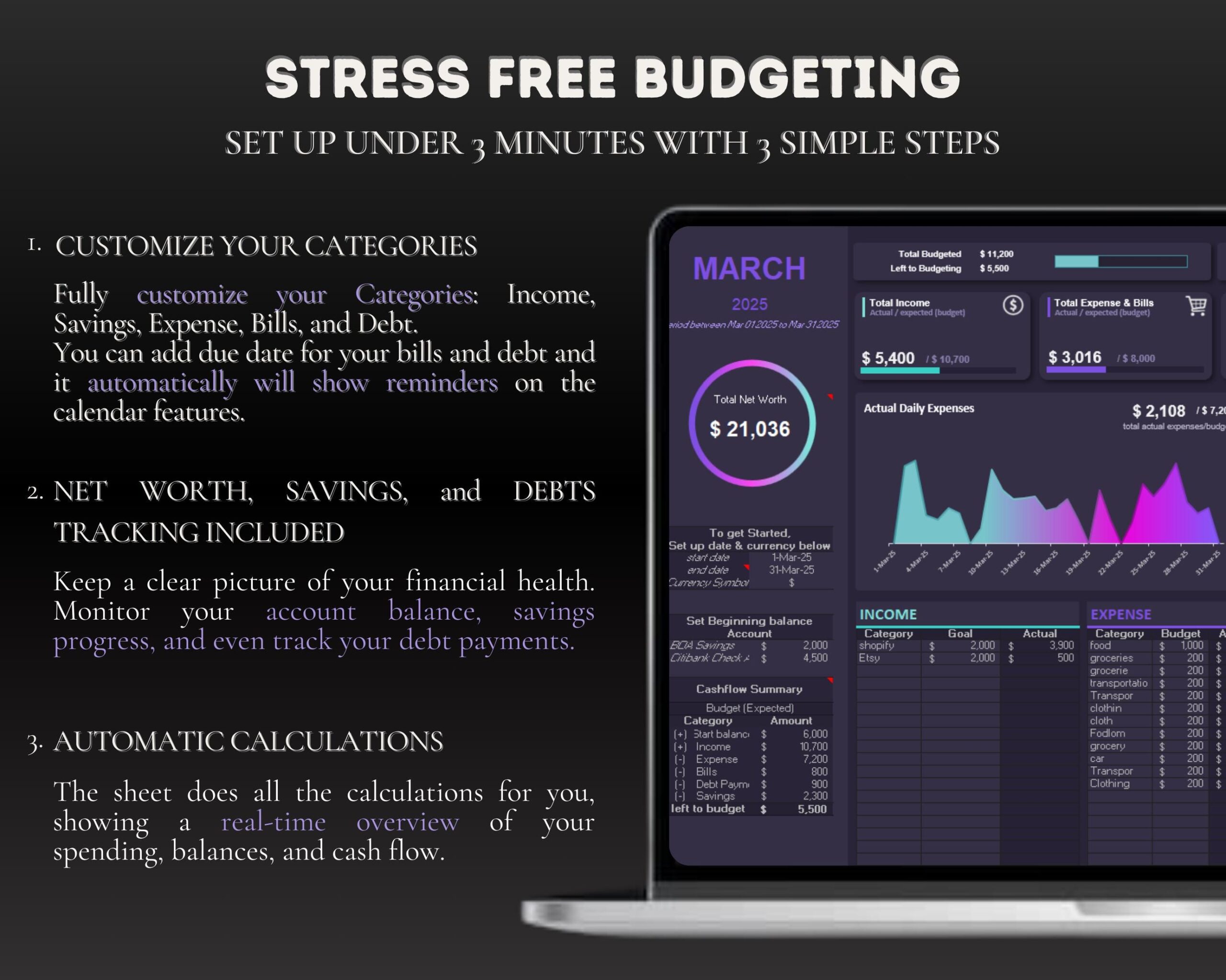 Simple Monthly Budget Spreadsheet with Income and Expense Tracker, Bills and Savings Budget Planner