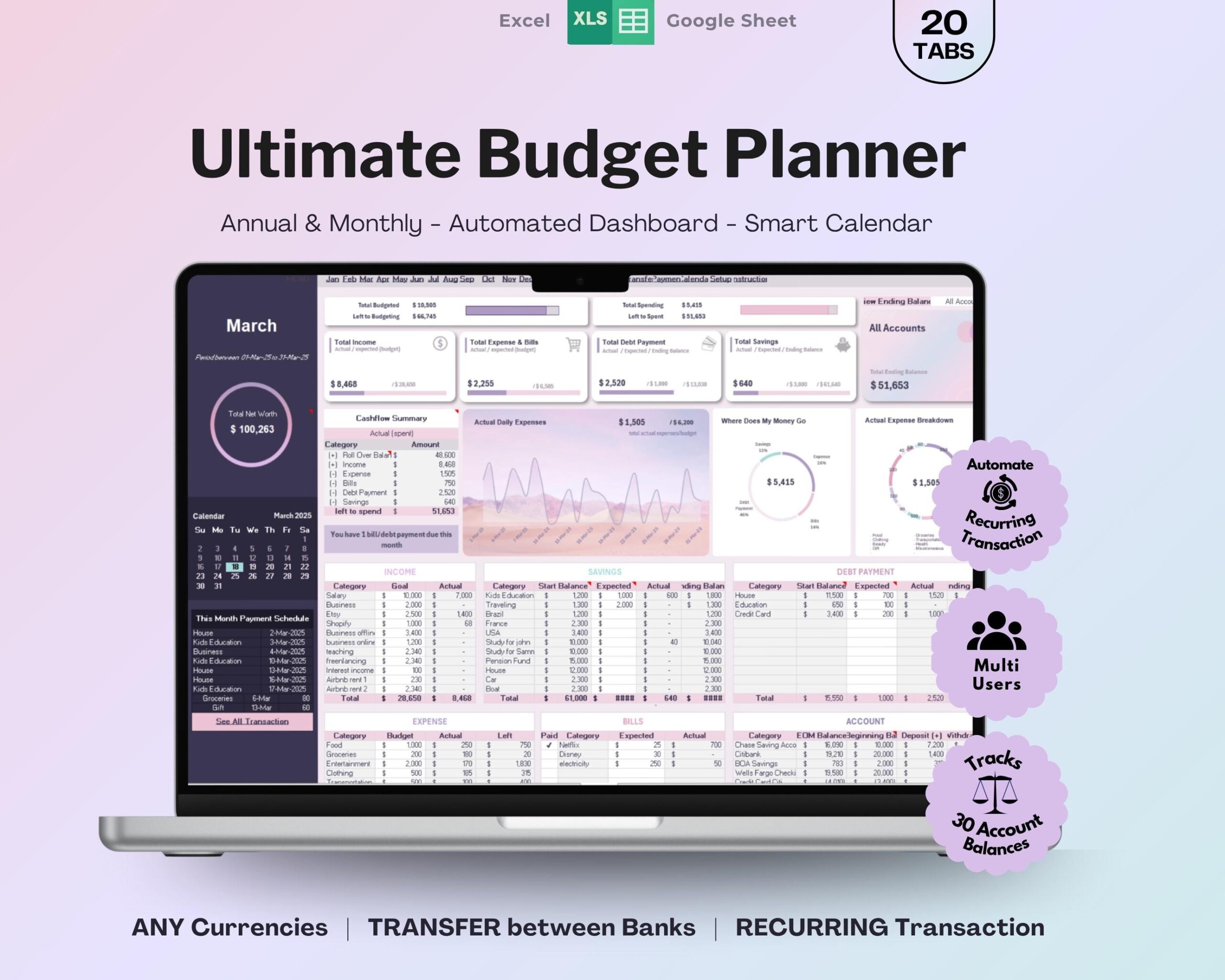 Yearly Budget Spreadsheet with Income and Expense Tracker, Debt, Bills and Savings Planner