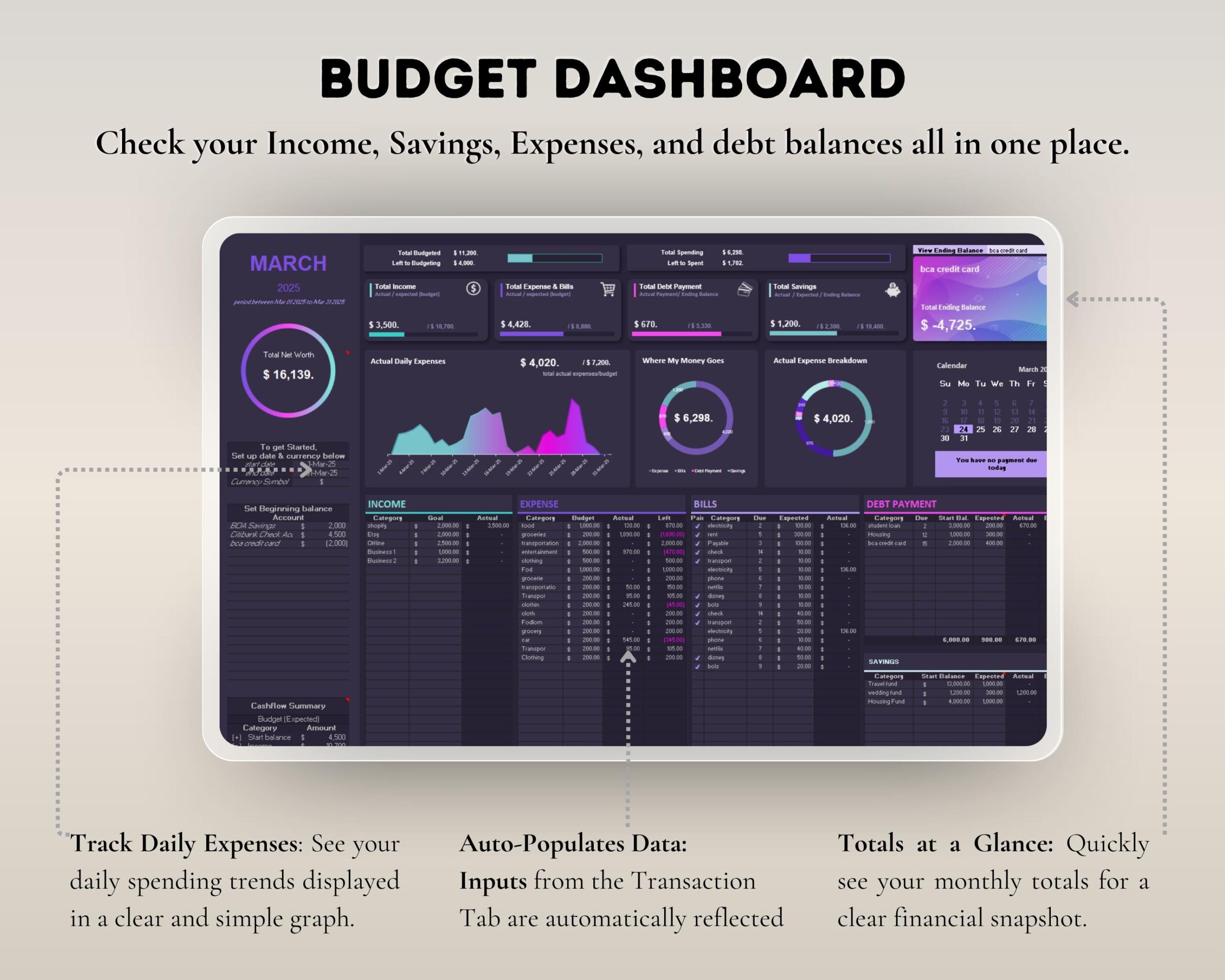 Simple Budget Spreadsheet PLR Template with Income, Expense and Bill Tracker